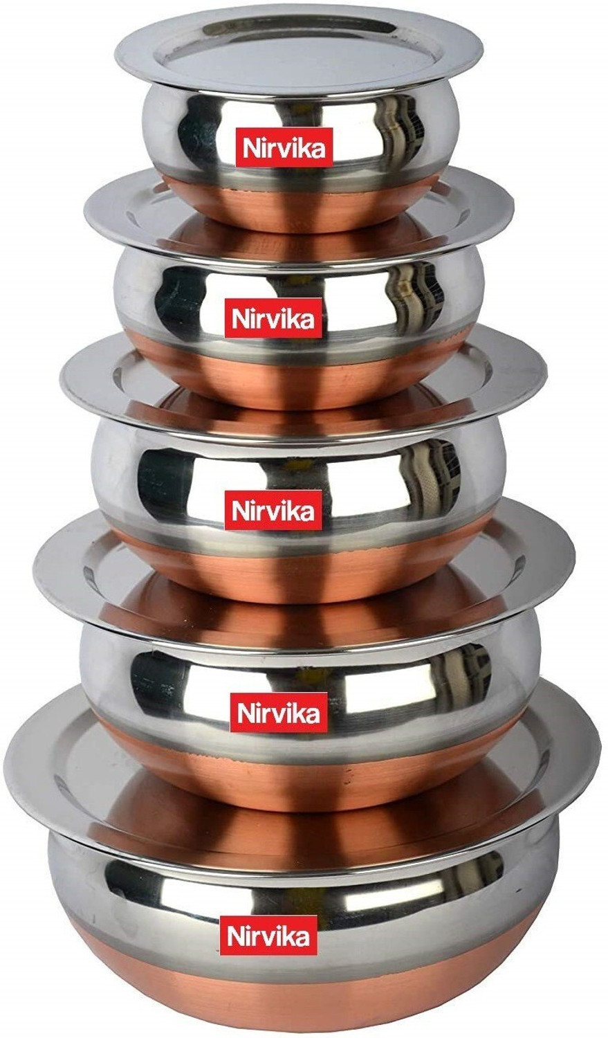 Image of Nirvika Stainless Steel Serving Bowl Stainless Steel Handi Set Copper Bottom handi set of 5 Cookware / Container /pot pan /patila /bhagona /Serving bowl /biryani cook & serve Set With Lids (Stainless Steel, Copper, Induction Bottom) Capacity 400 ML 650 ML and 800 ML 1200 ML,1600 ml