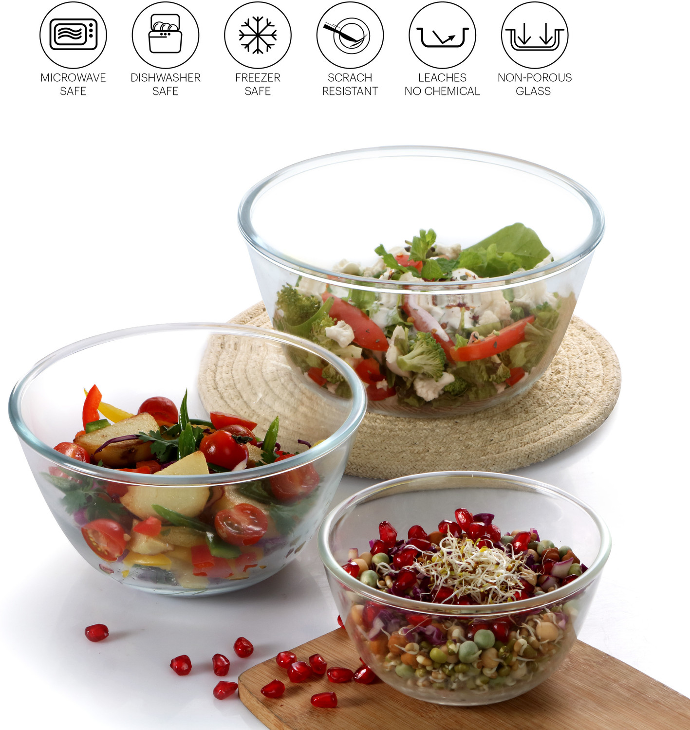 Image of cello Glass Mixing Bowl Ornella Toughened Glass Bowl Without Lid | Transparent | (500ml, 1000ml, 1500ml) (Pack of 3, Clear)