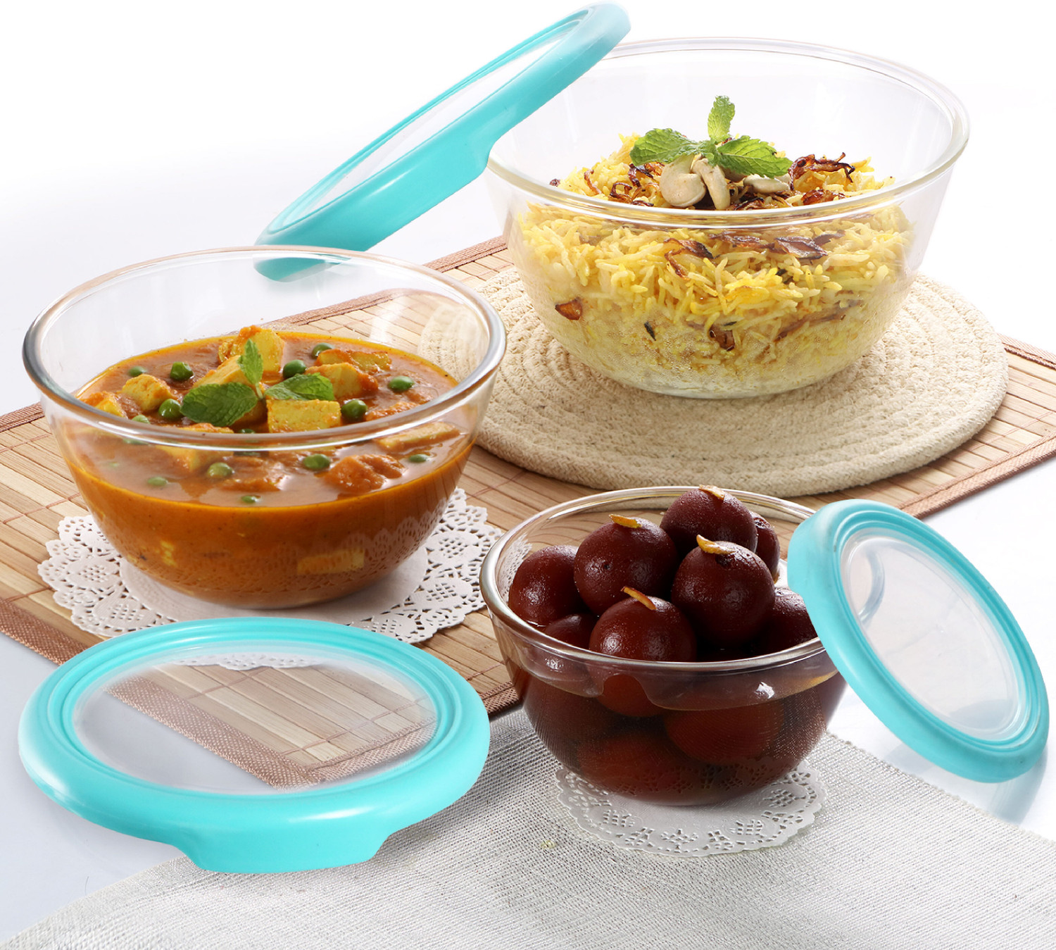 Image of cello Glass Mixing Bowl Ornella with Lid Toughened (500ml, 1000ml, 1500ml, Transparent) (Pack of 3, Multicolor)