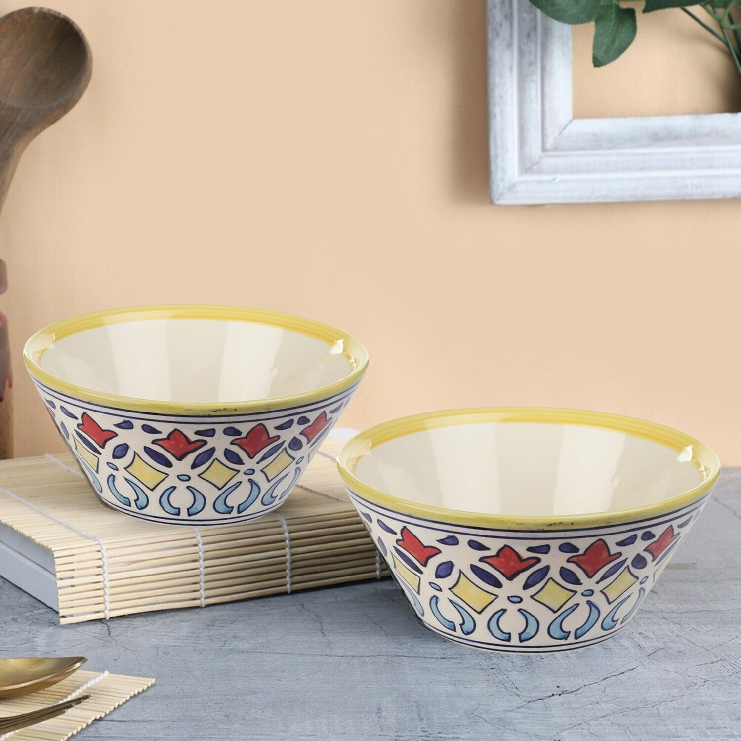 Image of VarEesha Ceramic Serving Bowl Rangriti Yellow Red Ceramic Taper Shaped Serving Bowls Set of Two