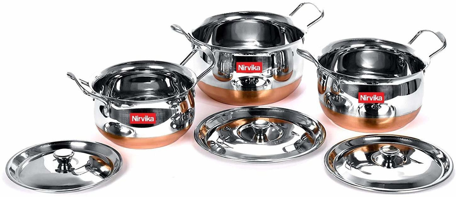 Image of Nirvika Stainless Steel Serving Bowl Stainless Steel Handi Set 3 PCS (3 Piece) Kitchen Serving, Cooking Bowl Kadha Copper Bottom Stainless Steel with Copper Bottom Cook and Serve Cookware Set Handi with Lid - Set of 3 Pcs Cookware Set (Copper)