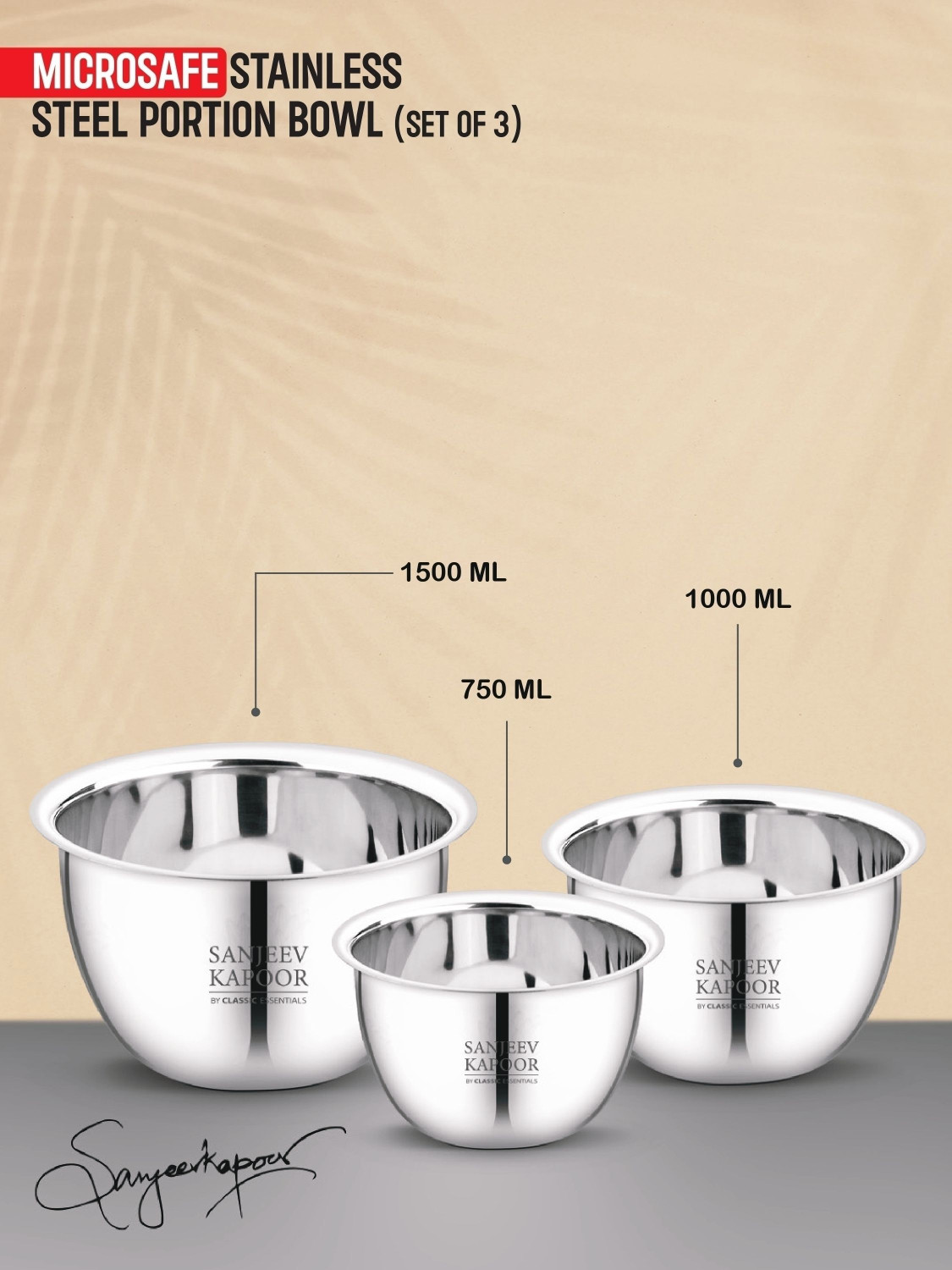 Image of Sanjeev Kapoor Stainless Steel Serving Bowl by Classic Essentials Microwave Safe Steel Bowl Set (750ml, 1000ml, 1500ml)