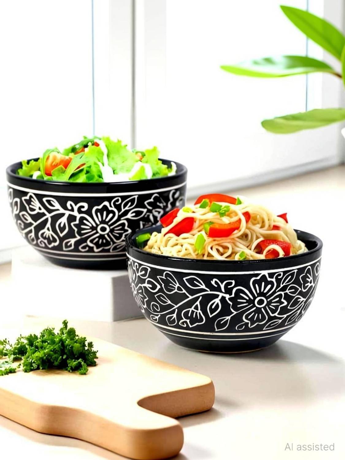 Amazecart Ceramic Serving Bowl Desire Black Perfect for Snacks Pasta, ,Noodles,Vegetables and More
