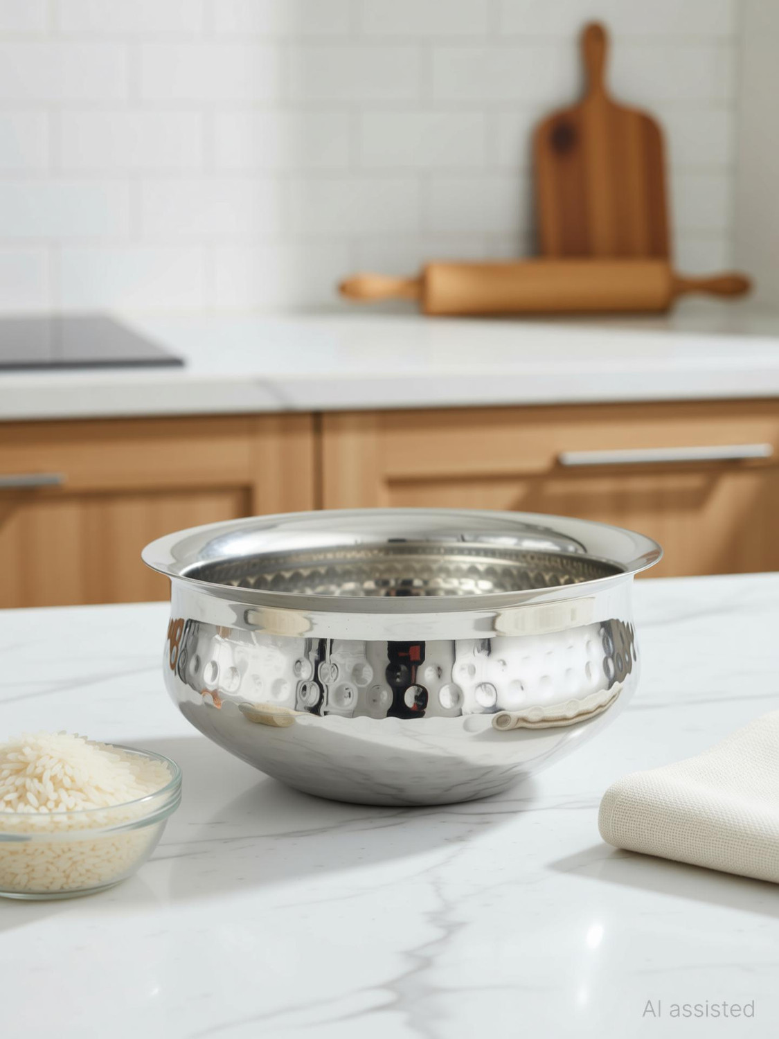 Image of Moongil Stainless Steel Serving Bowl Stainless Steel Kitchen Handi Set|Urli- Hammered Briyani Handi