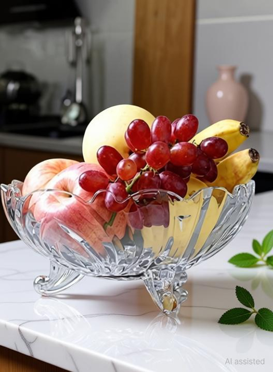 Image of Wallsenterprise Glass Vegetable Bowl Designer Glass Serving Bowl, Table Fruit Bowl Flat Base, Crystal Flower Cut