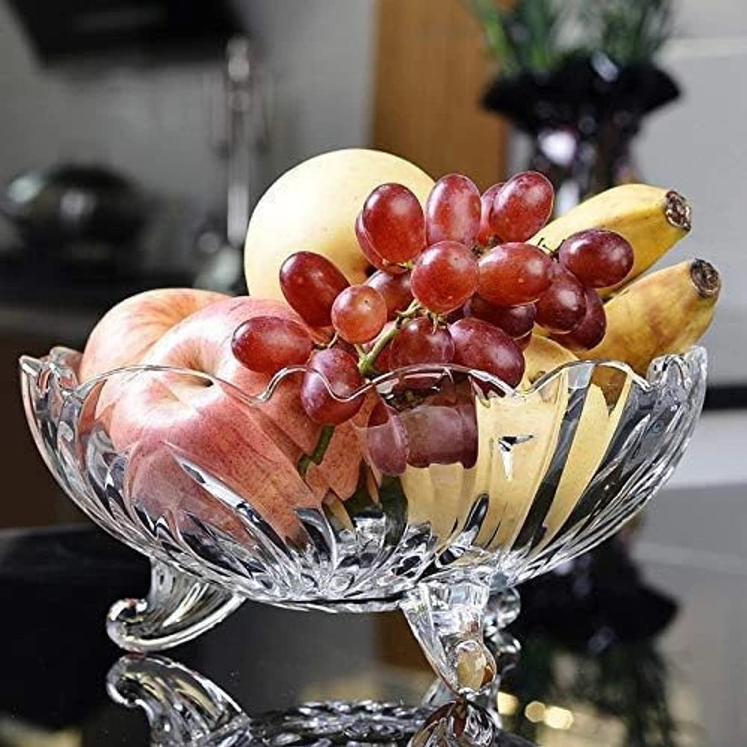 Image of Wallsenterprise Glass Vegetable Bowl Designer Glass Serving Bowl, Table Fruit Bowl Flat Base, Crystal Flower Cut