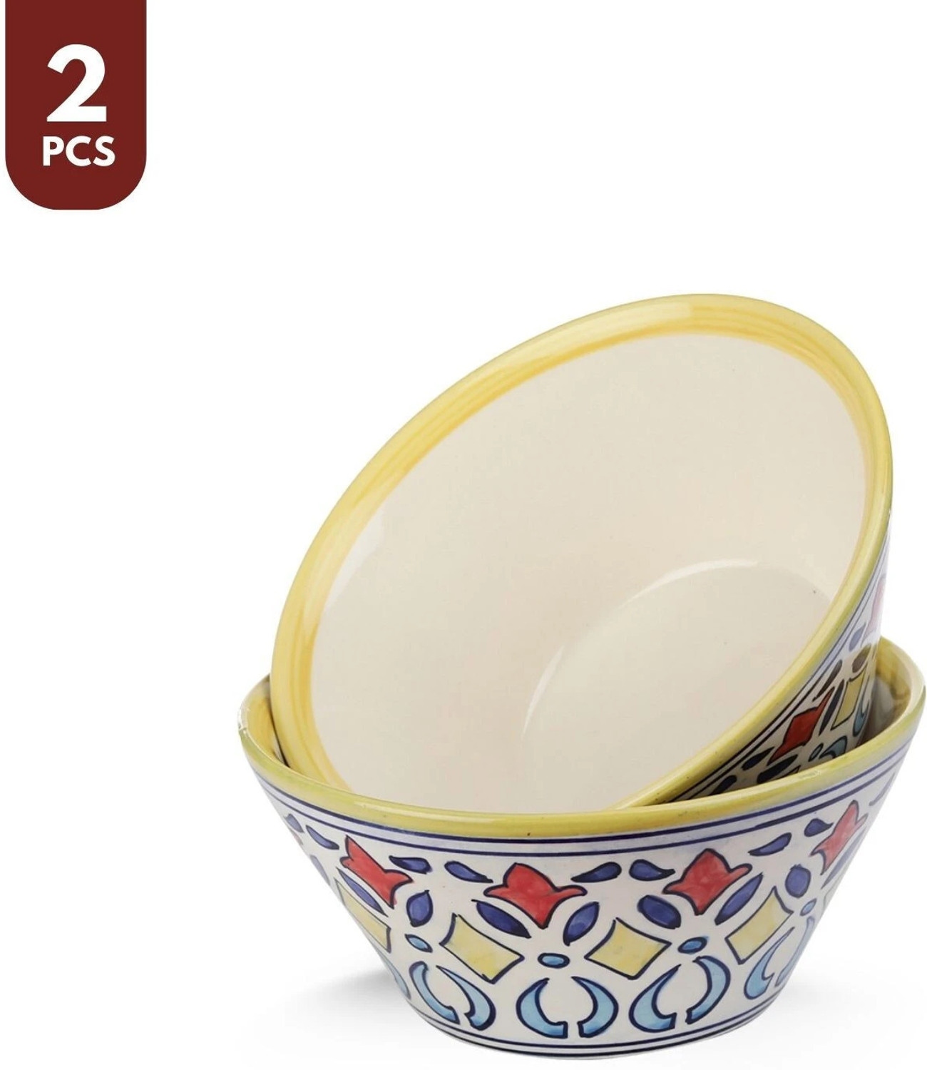 Image of VarEesha Ceramic Serving Bowl Rangriti Yellow Red Ceramic Taper Shaped Serving Bowls Set of Two