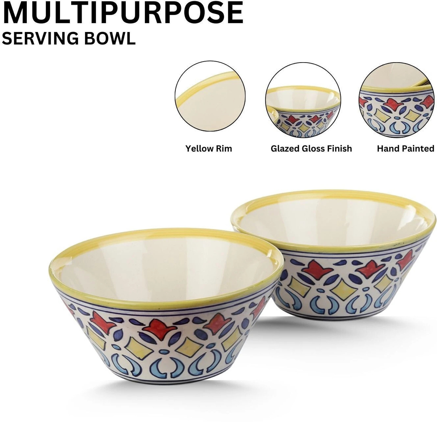 Image of VarEesha Ceramic Serving Bowl Rangriti Yellow Red Ceramic Taper Shaped Serving Bowls Set of Two