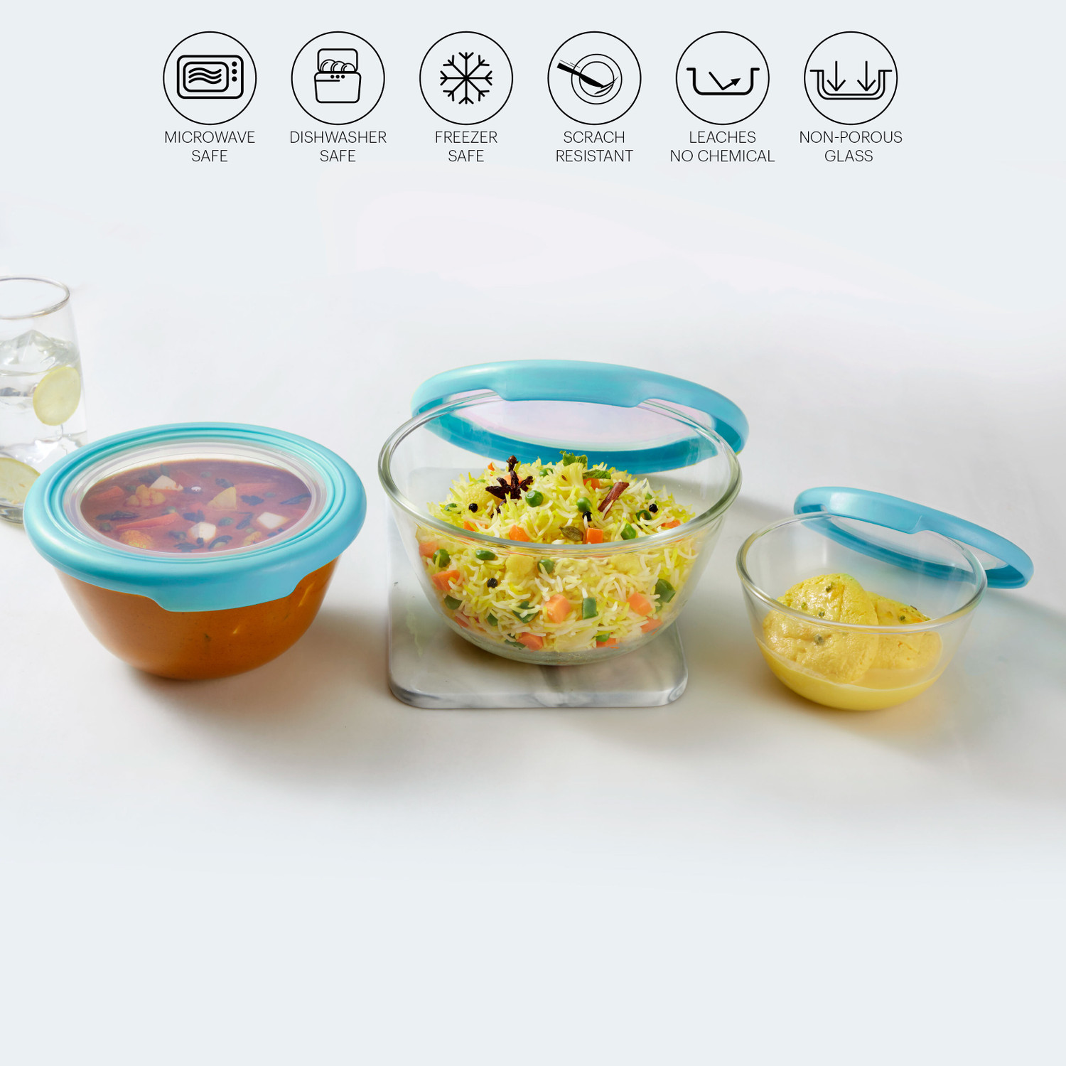 Image of cello Glass Mixing Bowl Ornella with Lid Toughened (500ml, 1000ml, 1500ml, Transparent) (Pack of 3, Multicolor)