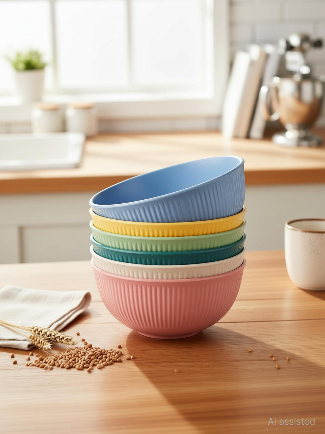 Image of PRANIJ Plastic Serving Bowl Set of 6 Unbreakable Wheat Straw Fiber Cereal Bowls Disposable