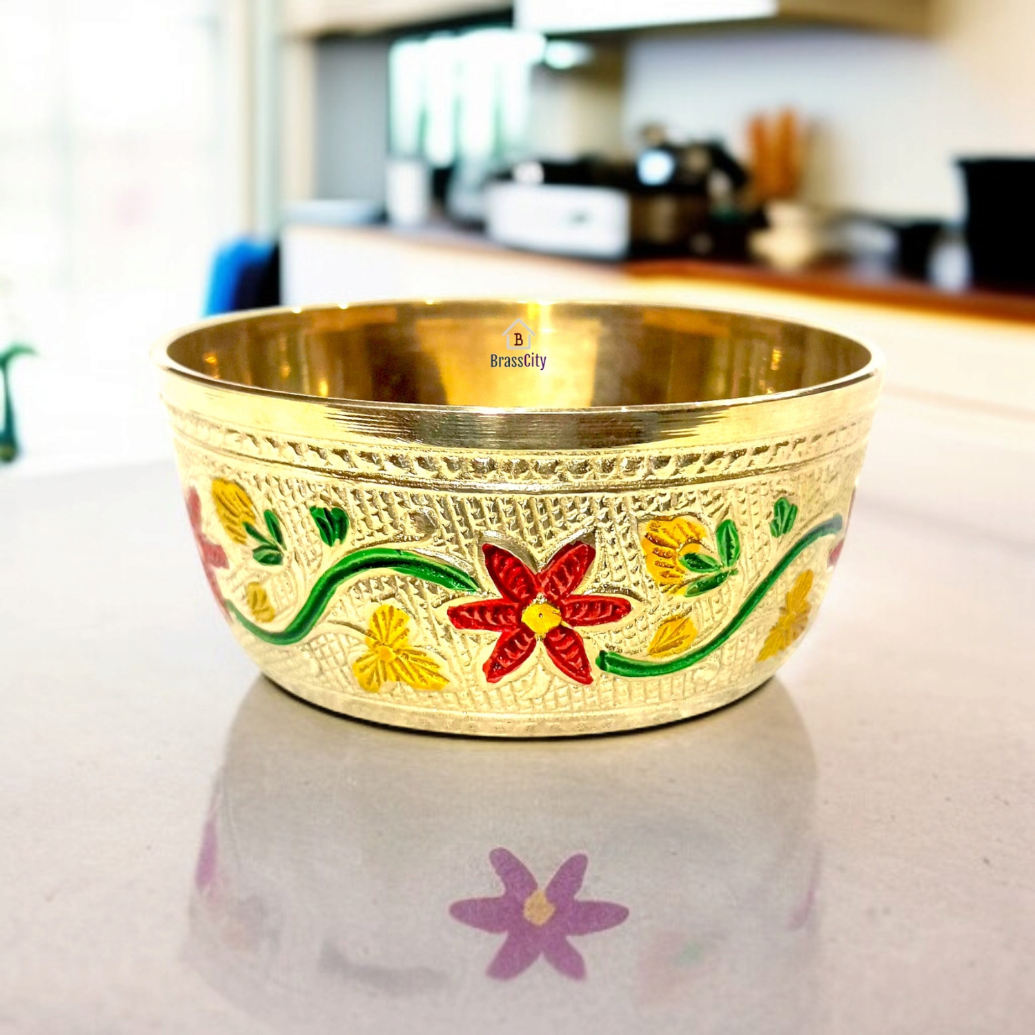 Image of BrassCity Brass Serving Bowl Brass Floral Design Embossed Bowl