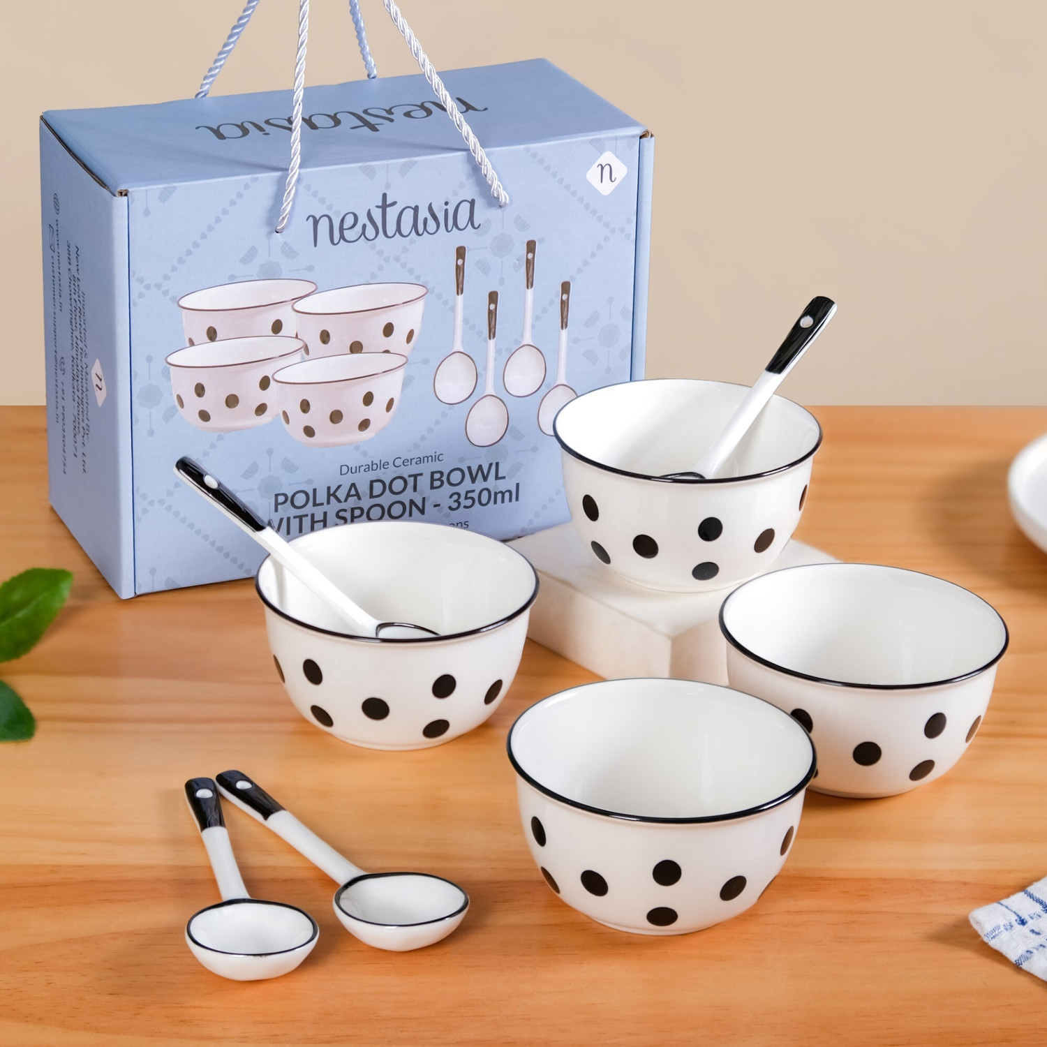 Image of Nestasia Ceramic Serving Bowl Set Of 4 Polka Dot Soup Bowl With Spoon