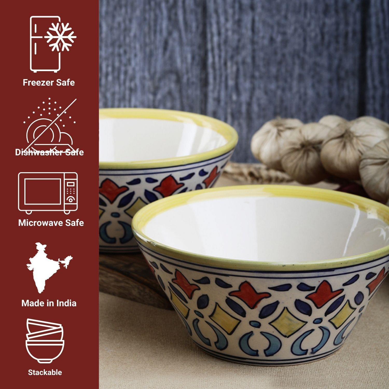 Image of VarEesha Ceramic Serving Bowl Rangriti Yellow Red Ceramic Taper Shaped Serving Bowls Set of Two