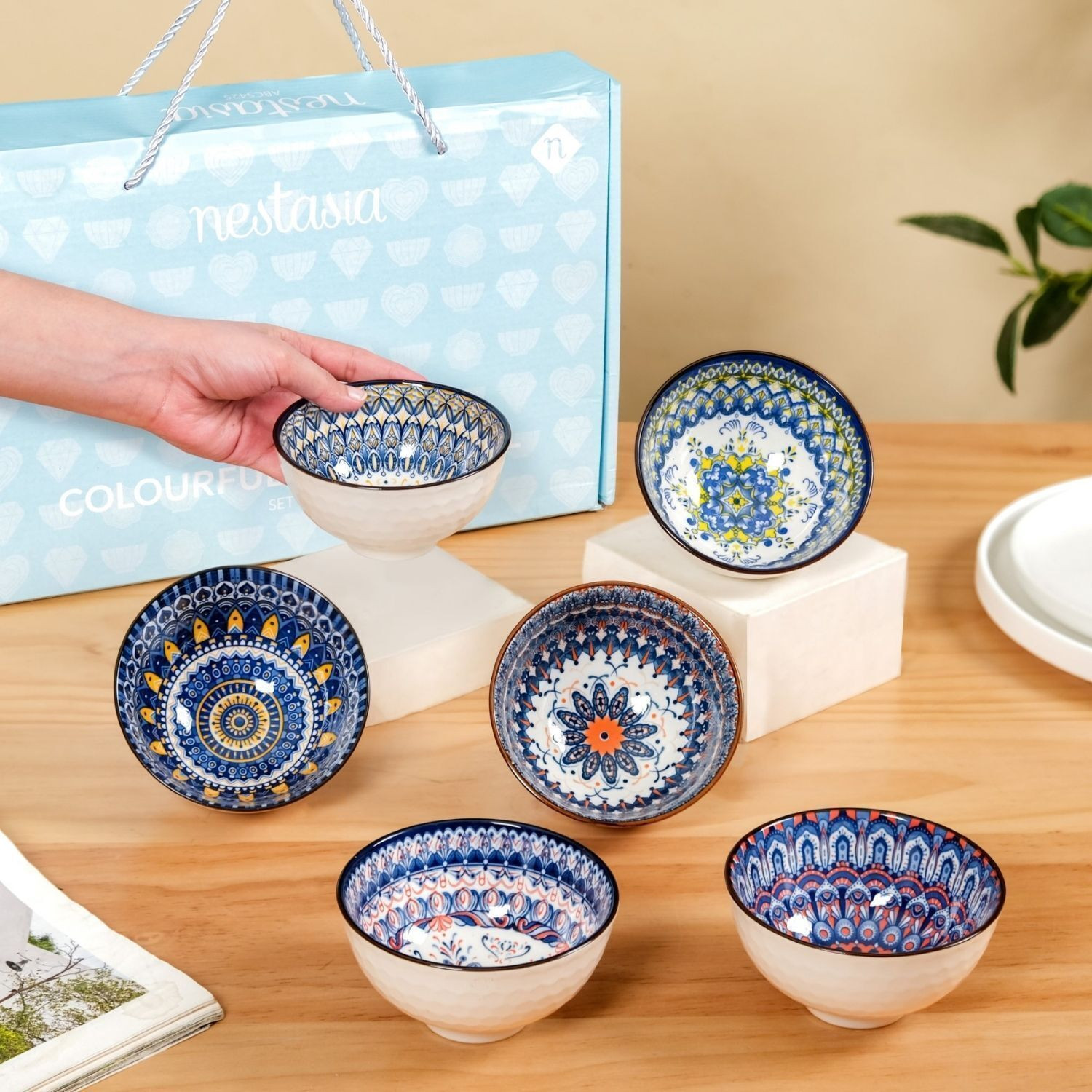 Nestasia Ceramic Serving Bowl Mandala Snack Bowls for Noodles Ramen Soup Curry - Ideal for Gifting 350ML Each