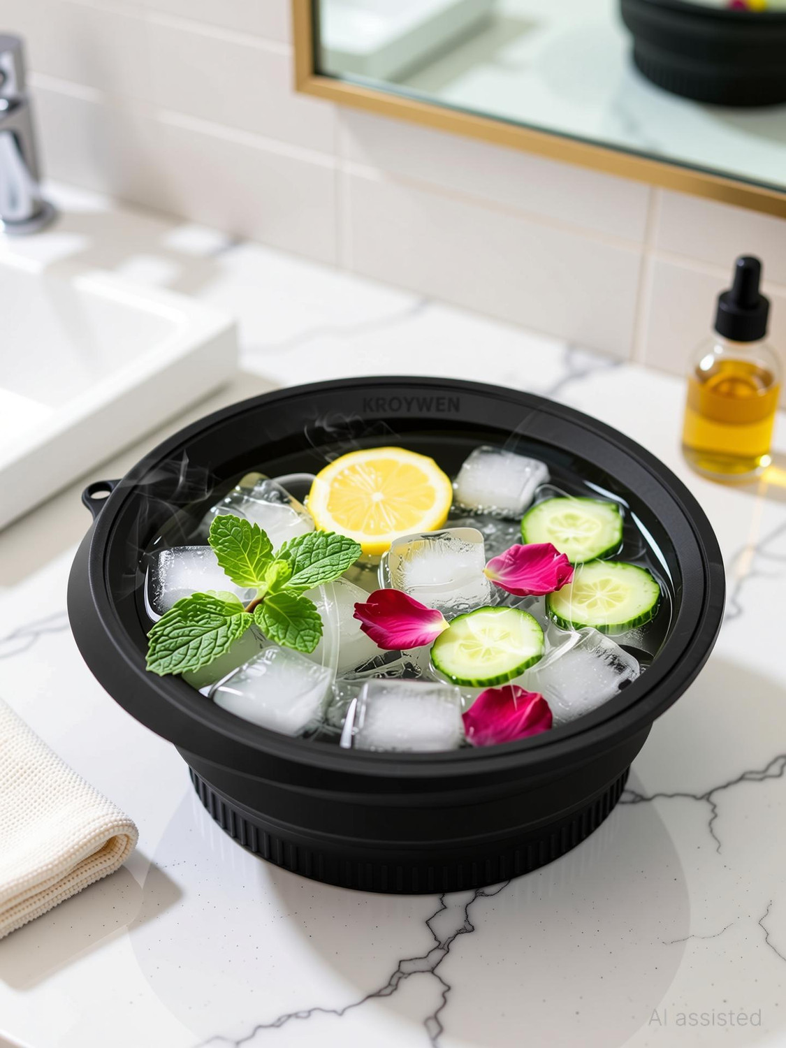 Image of kroywen Silicone Massage Bowl Facial Ice Bath, Collapsible Bowl for Face Ice Bath with Built-in Icetray,