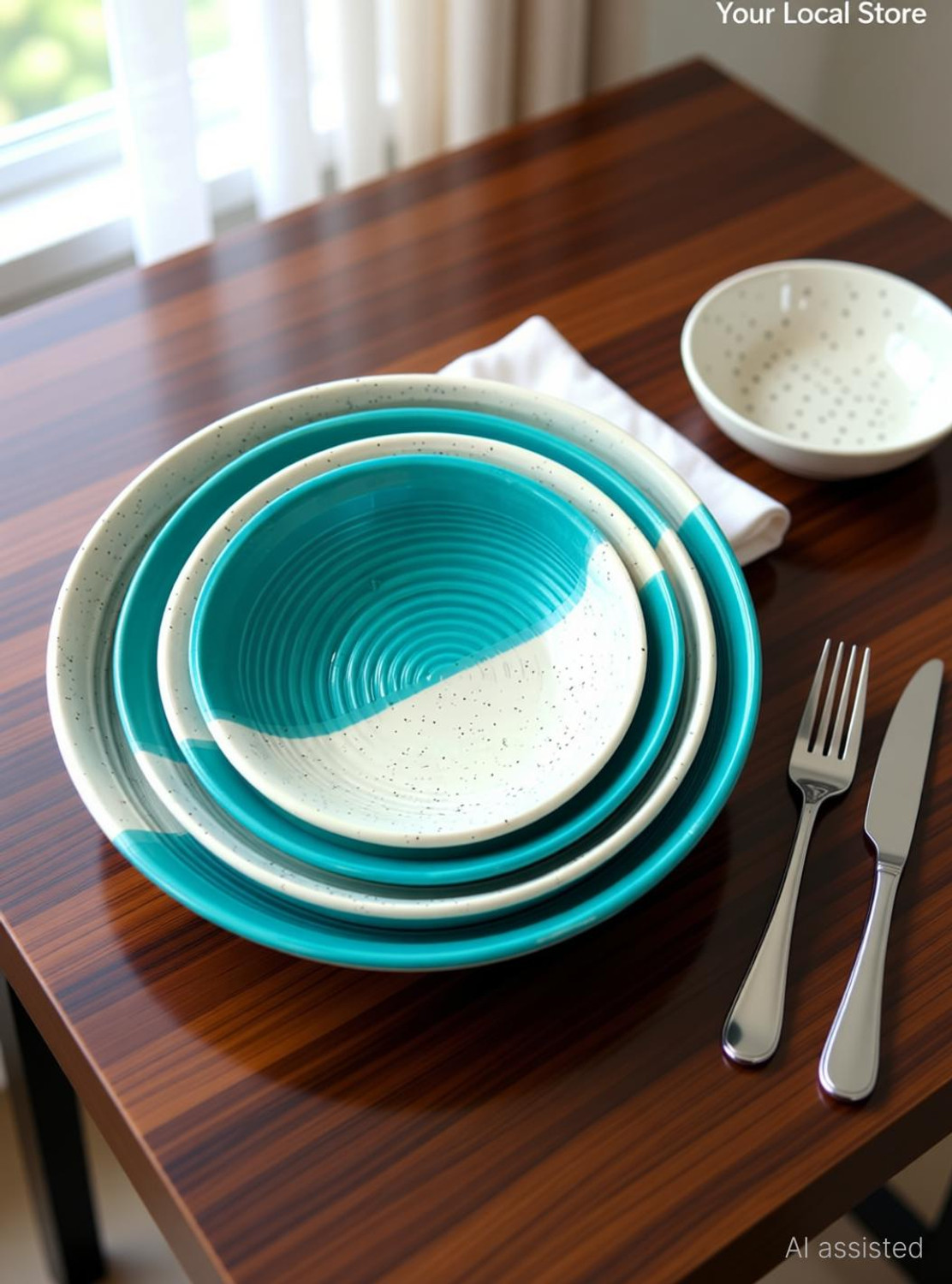 Image of Your Local Store Ceramic Serving Bowl Aqua White Bowl Set Of 4 (1000,750,500,300)ml Mixing Dinnerware Bowl Set