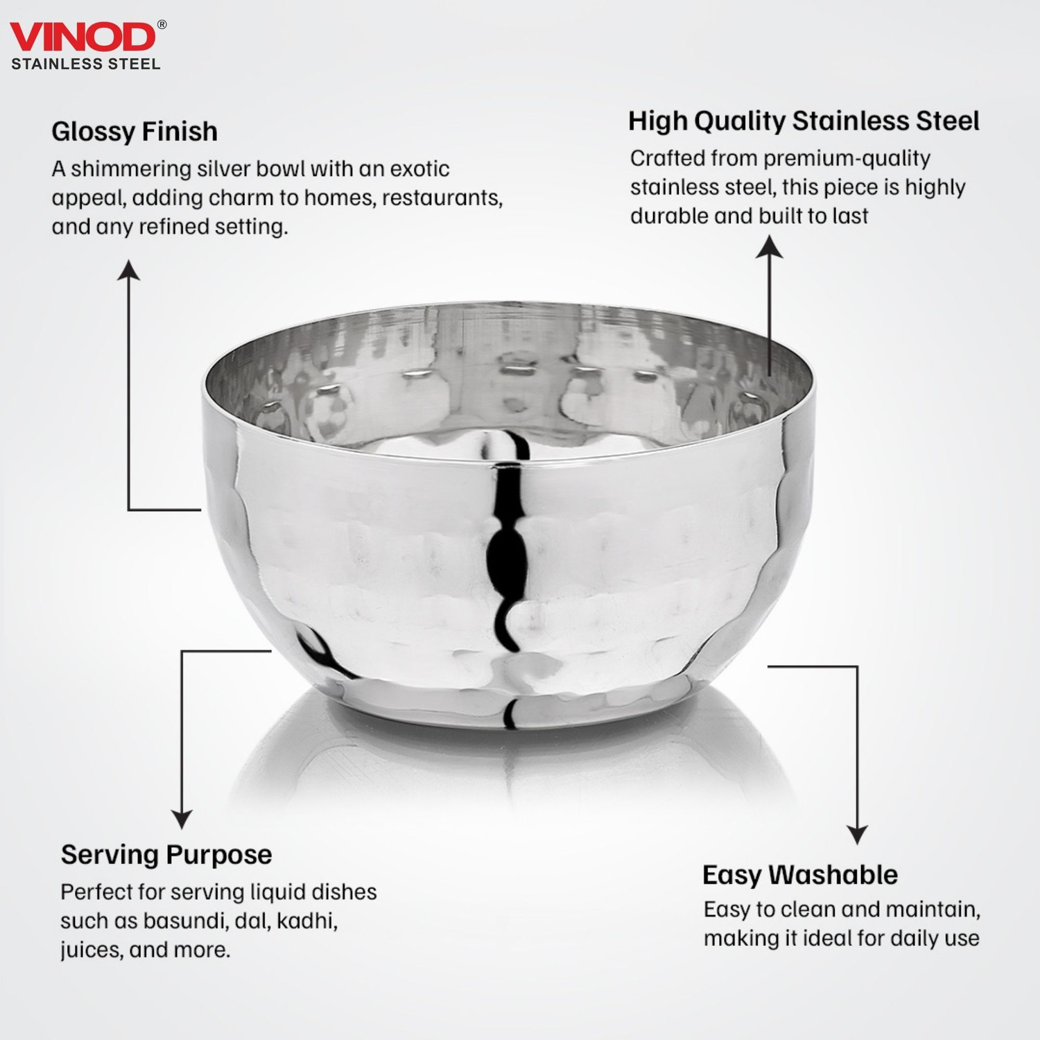 Image of VINOD Stainless Steel Serving Bowl Stainless Steel Royal Hammered Bowl, Set of 6 Piece, Capacity 325 ml, No. 6 (Pack of 6, Steel)