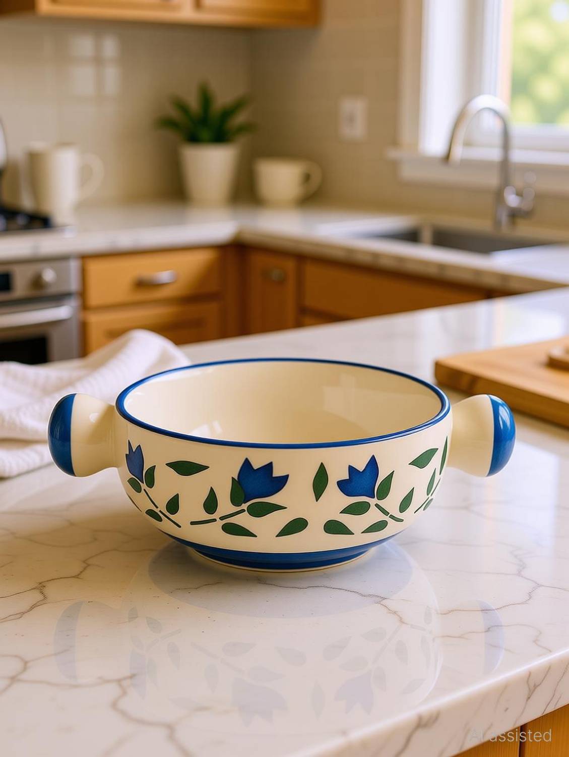 Athena Home Ceramic Soup Bowl Handcrafted Ceramic Soup Bowl with Handles | Blue Floral Design Disposable