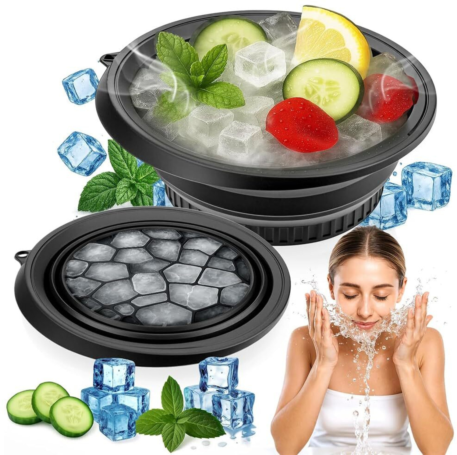 Image of KVVTRADES Face Bowl for Ice Facial Ice Bath Bowl Black Silicone Ice Cube Tray