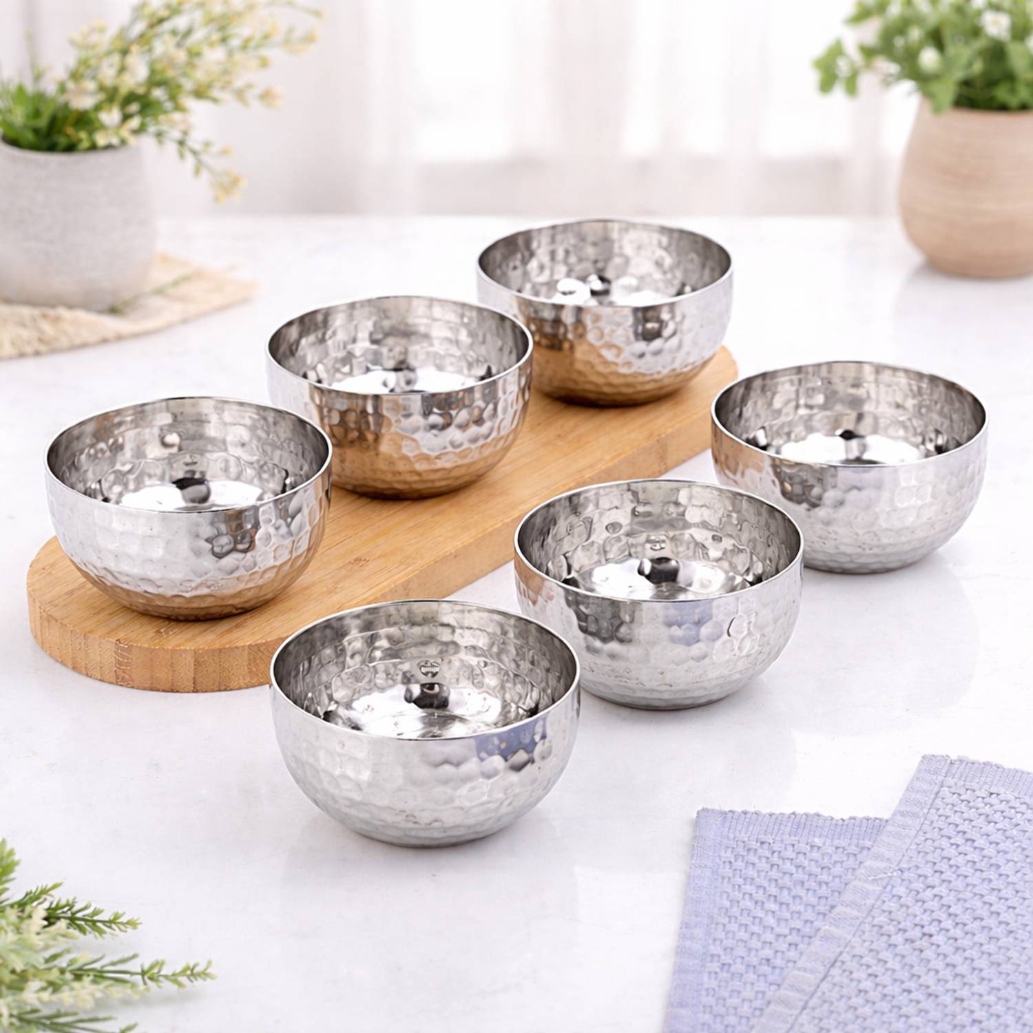 Aquasleri Silver Serving Bowl Hammered Texture | Stainless Steel Dessert Bowl | Durable & Multipurpose Wati