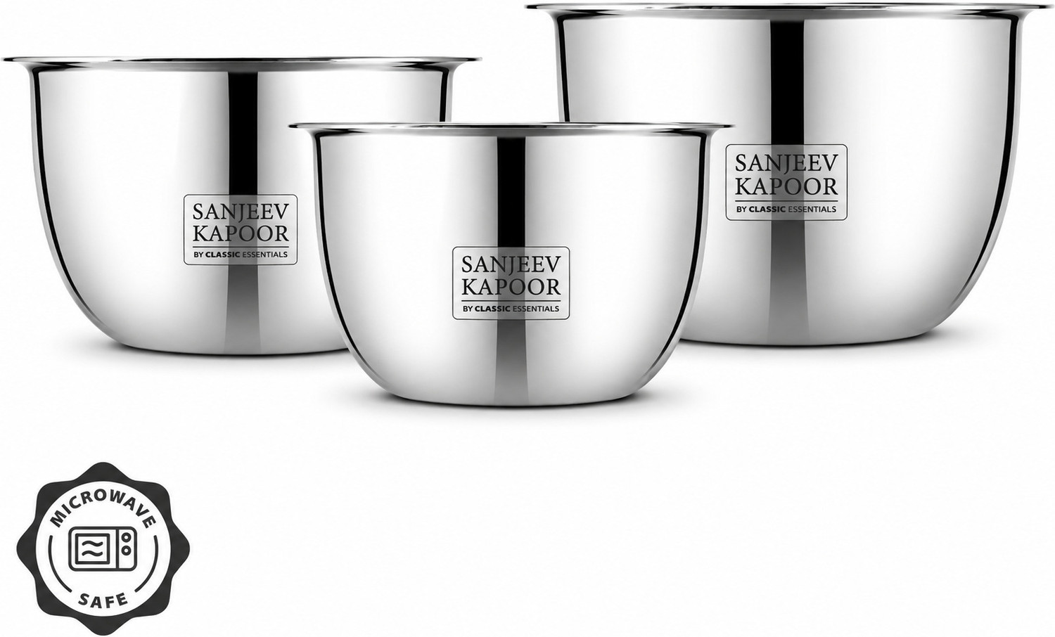 Image of Sanjeev Kapoor Stainless Steel Serving Bowl by Classic Essentials Microwave Safe Steel Bowl Set (750ml, 1000ml, 1500ml)