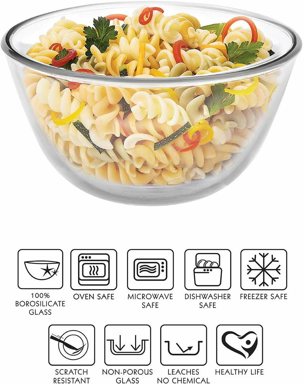 Image of IndusBay Borosilicate Glass Serving Bowl 2 Piece Toughened Glass Mixing High Borosilicate Glass Serving Bowl 550 ML Each