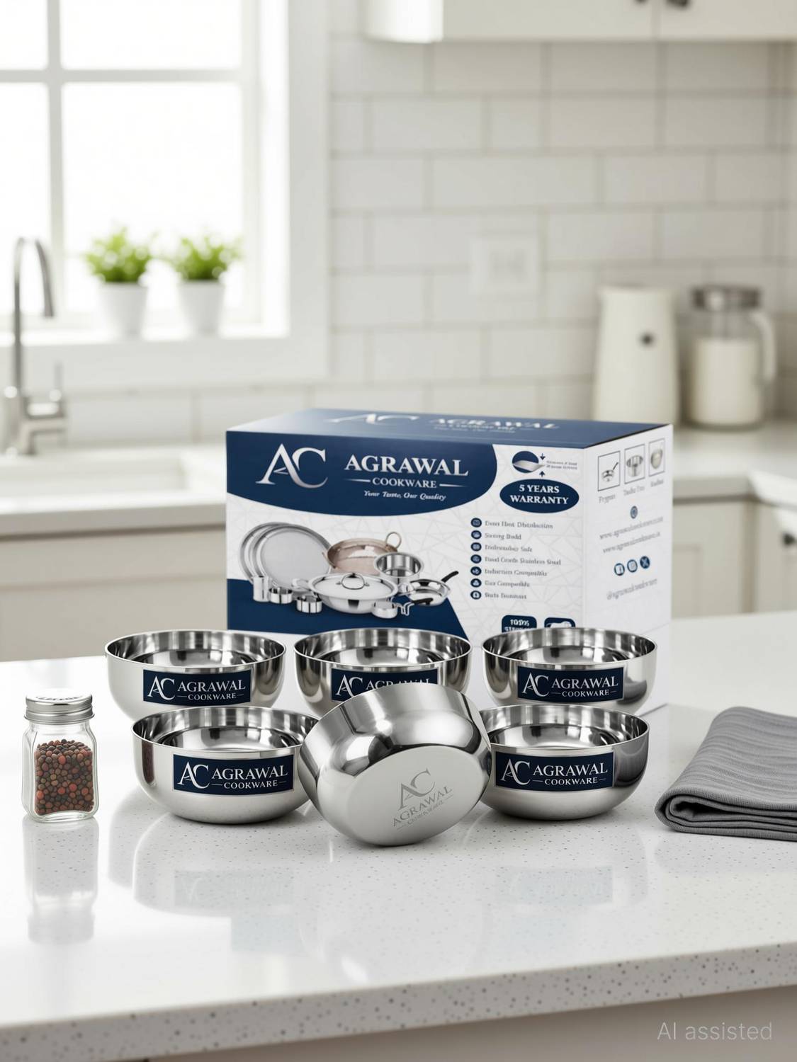 AGRAWAL COOKWARE Stainless Steel Serving Bowl Heavy Guage Stainless Steel Mirror Finish Pack of 6, Serving Bowl set of 6
