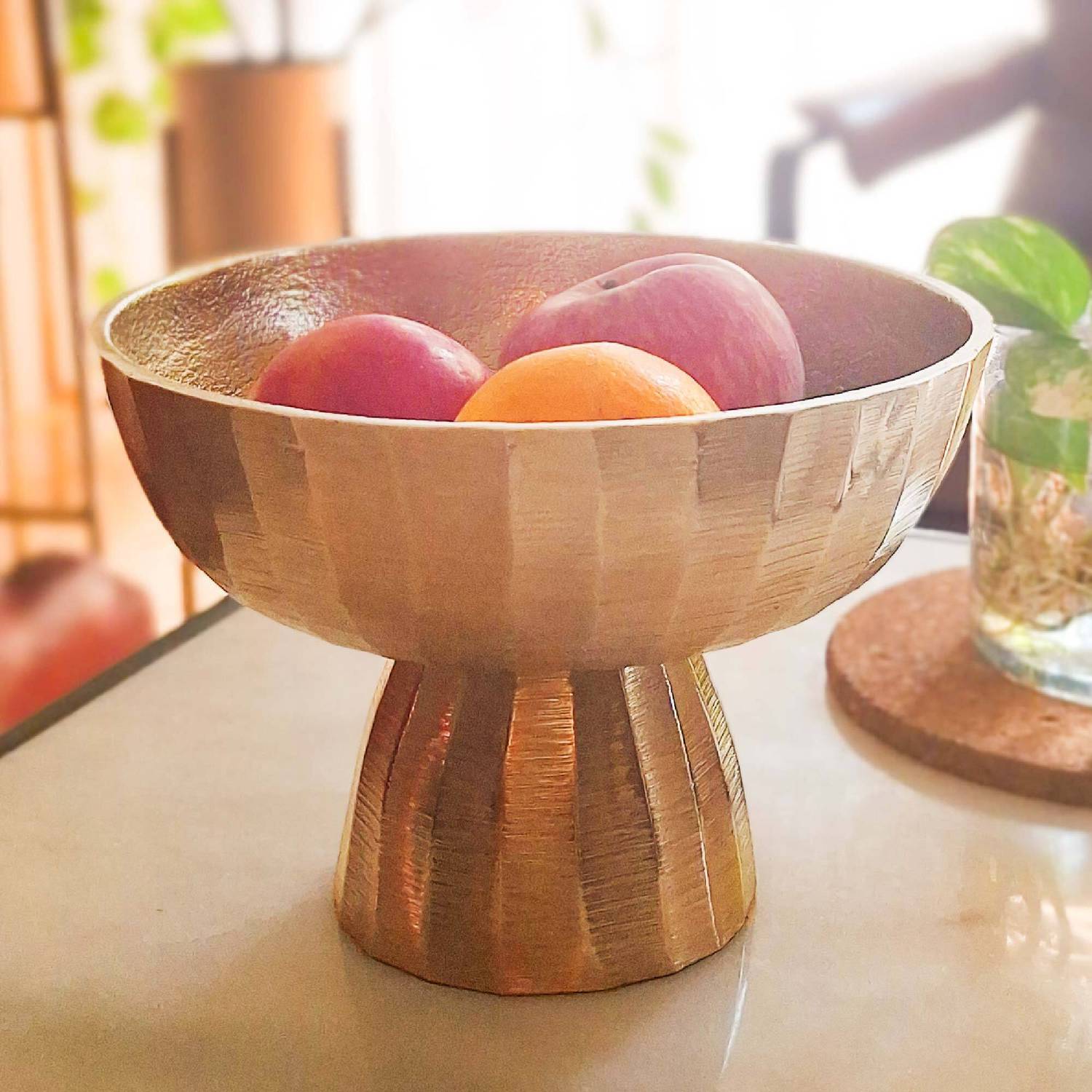 10club Aluminium Decorative Bowl Golden Decorative Hand-carved Bowl With Stand | Urli with Stand