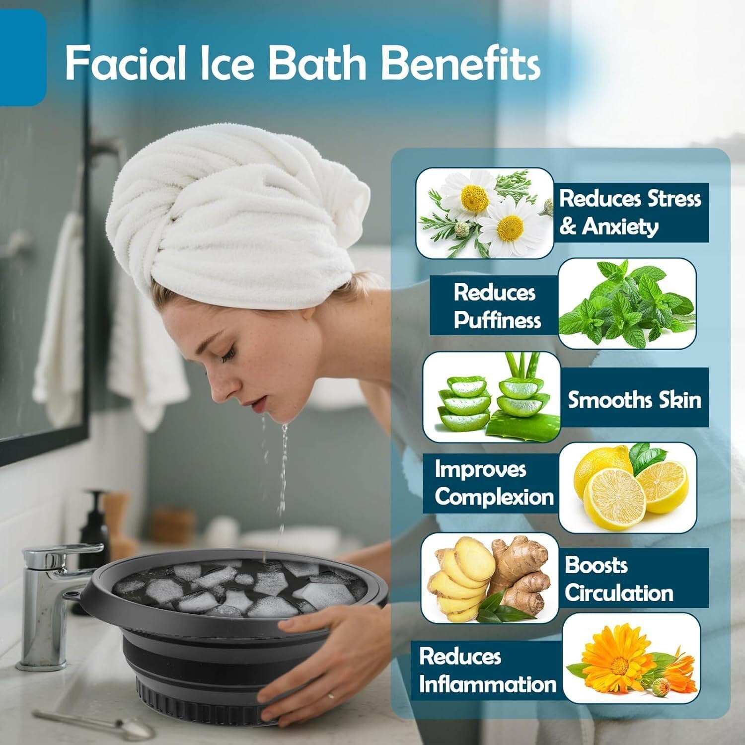 Image of JEKEMI Silicone Massage Bowl Facial Ice Bath,Collapsible Bowl for Face Ice Bath with Built-in Icetray
