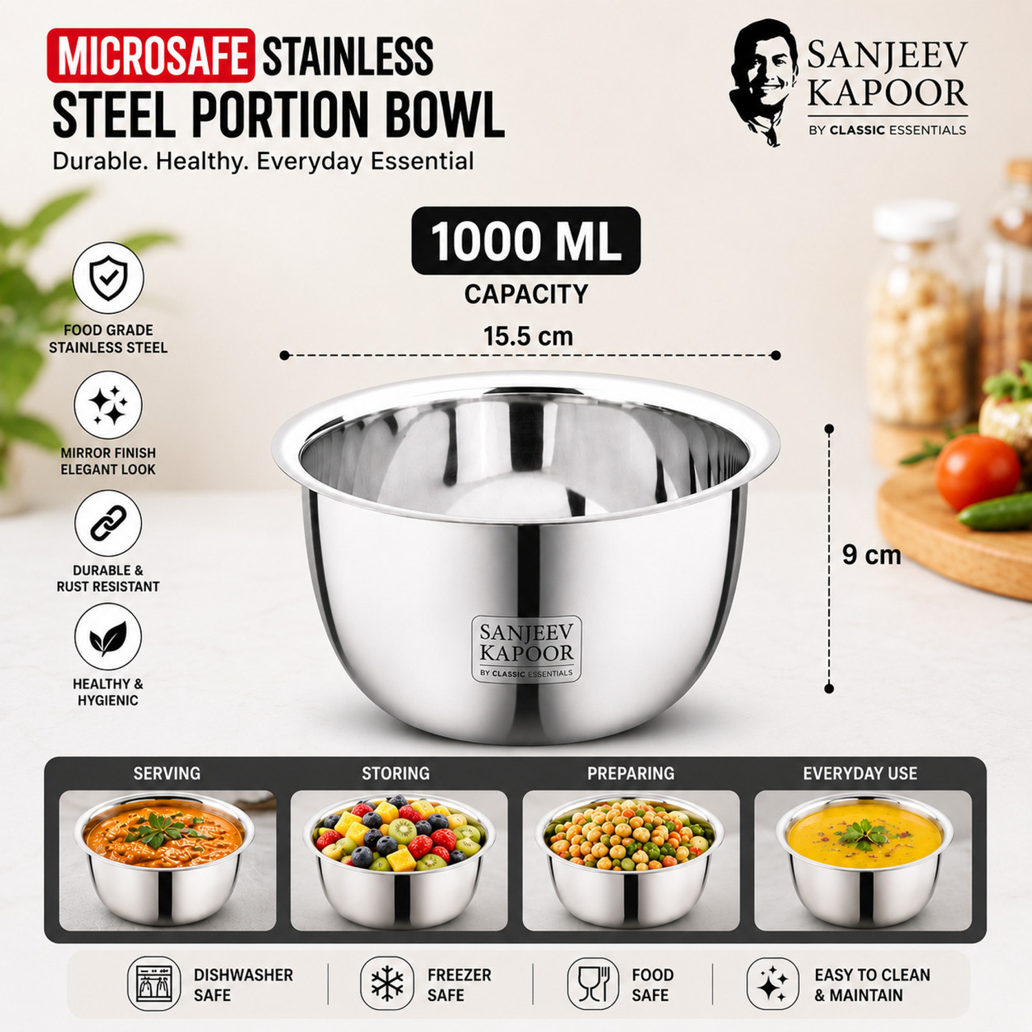 Image of Sanjeev Kapoor Stainless Steel Serving Bowl by Classic Essentials Microwave Safe Mixing & Serving Bowl 1000ml