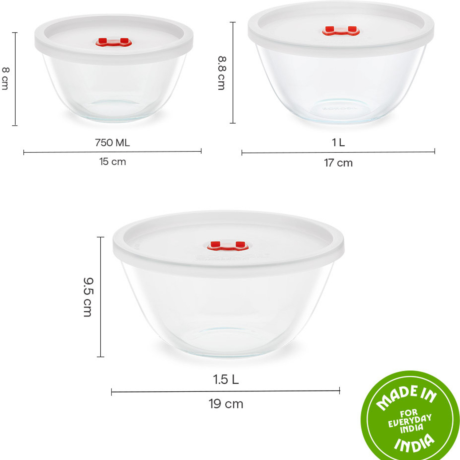 Image of Borosilicate Glass Mixing Bowl BGFGBBWLEC0037 (Pack of 3, Clear, Clear, Clear)