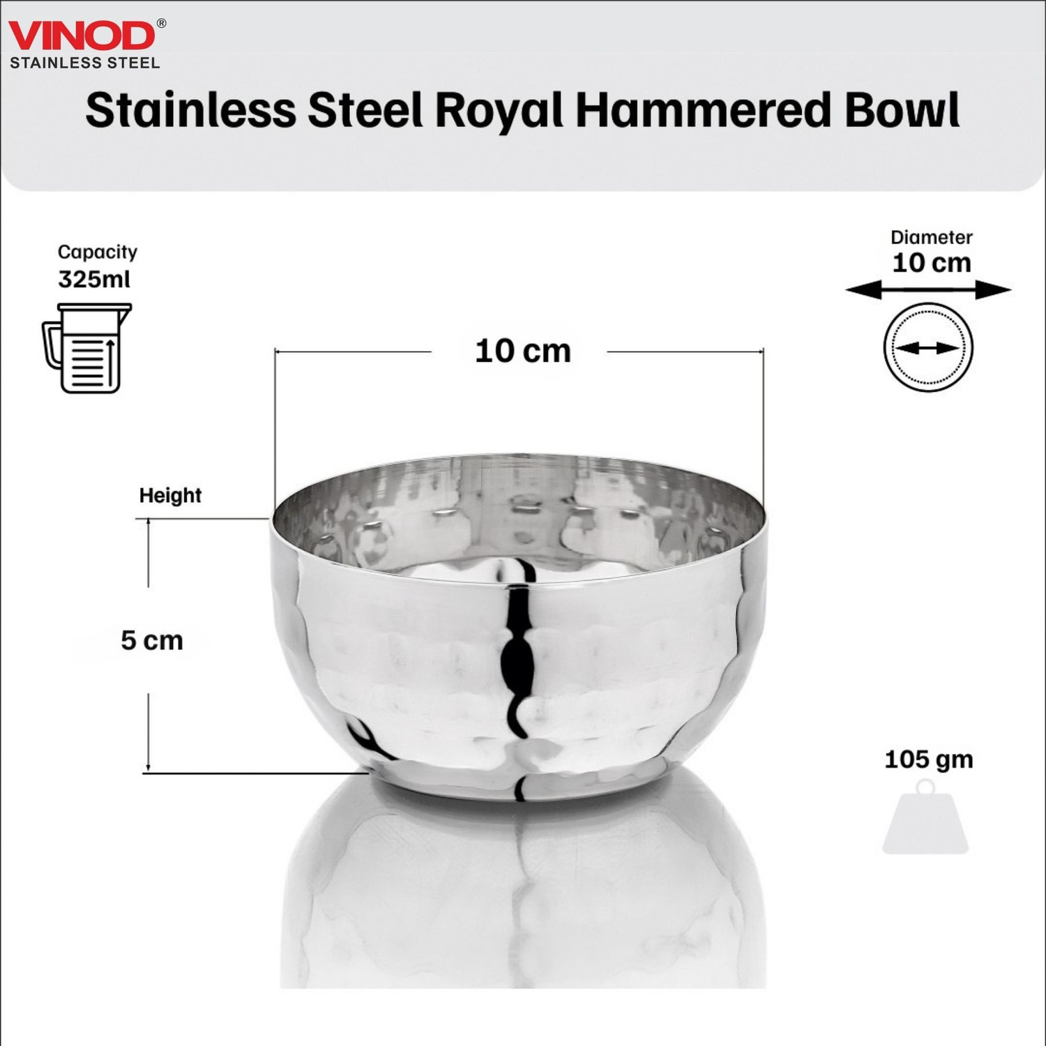 Image of VINOD Stainless Steel Serving Bowl Stainless Steel Royal Hammered Bowl, Set of 6 Piece, Capacity 325 ml, No. 6 (Pack of 6, Steel)