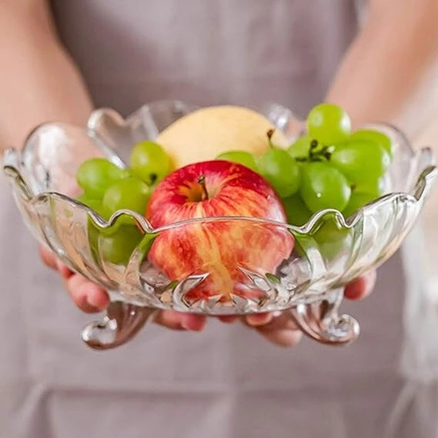 Image of Wallsenterprise Glass Vegetable Bowl Designer Glass Serving Bowl, Table Fruit Bowl Flat Base, Crystal Flower Cut