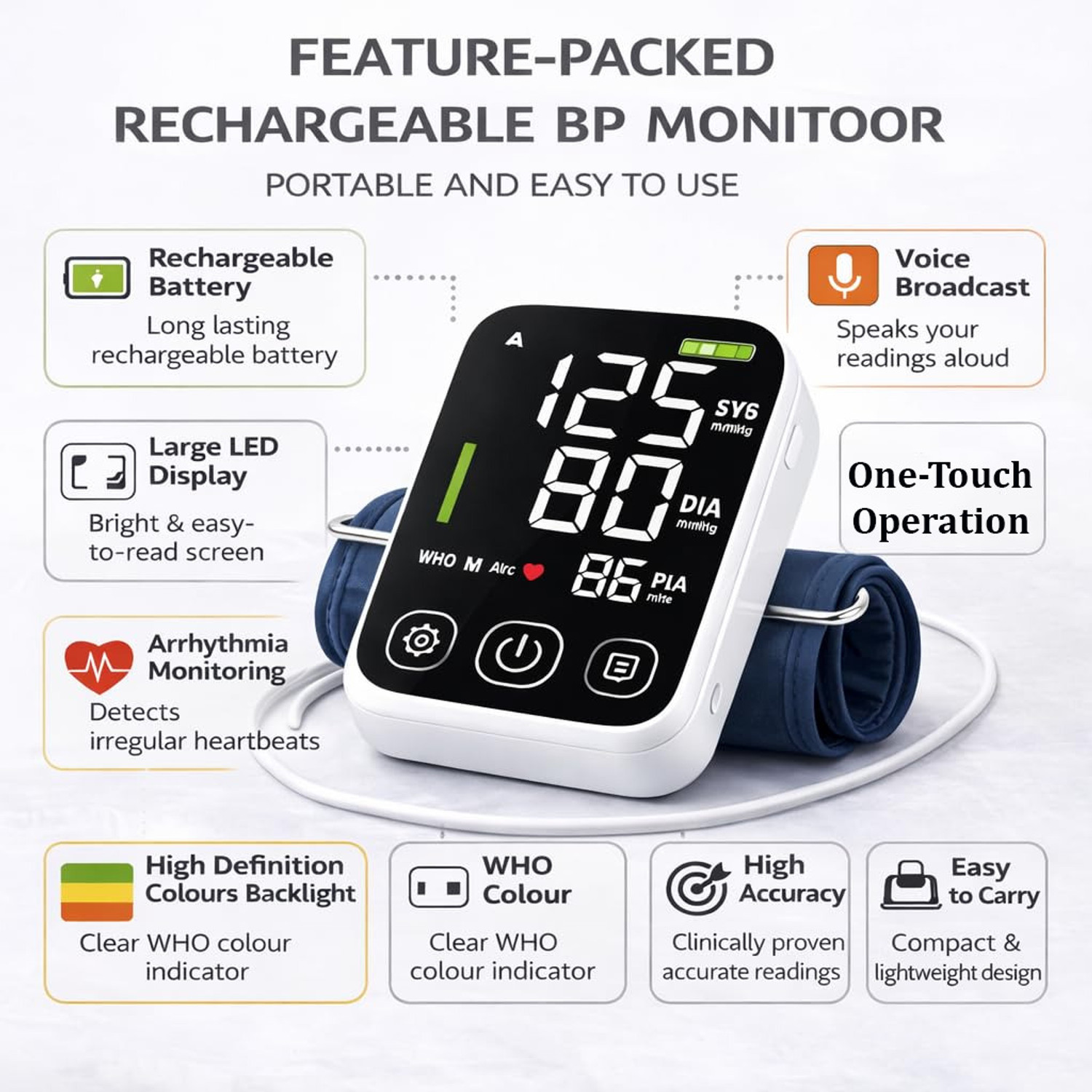 Image of DIVINE SURGICAL DVBP01 Rechargeable Blood Pressure Monitor with 3 coloured Display & Voice Function Bp Monitor