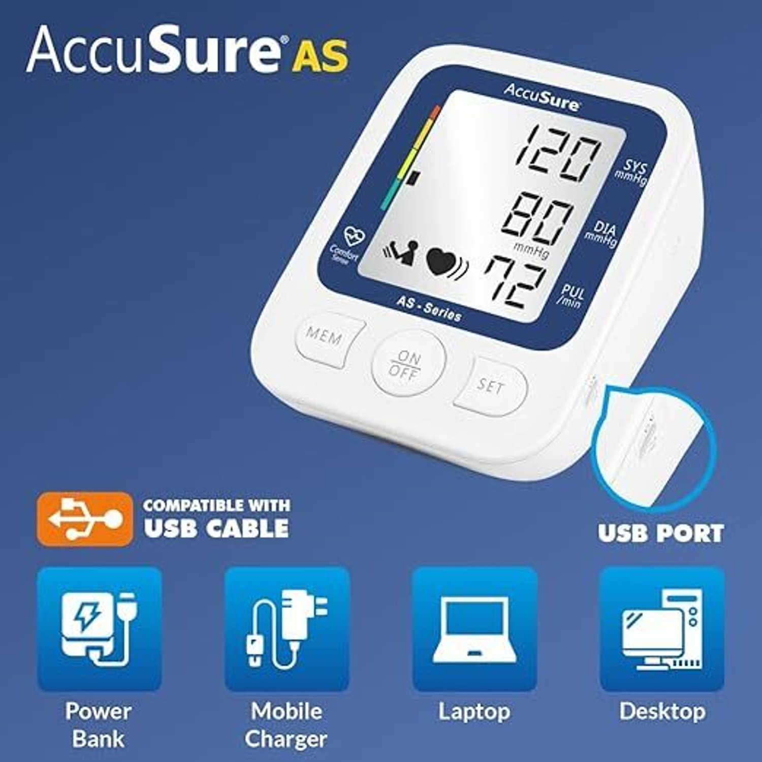 Image of AccuSure Automatic AS series Blood pressure monitoring device with Adaptor (Works With Both Battery And Charger) Bp Monitor