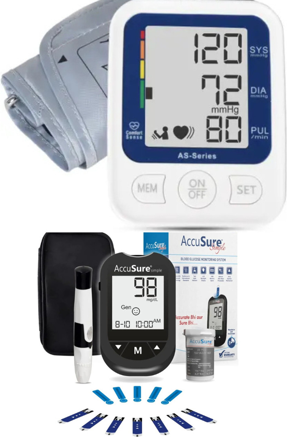 Image of AccuSure Simple Glucometer with 25 strips and Blood Pressure AS 5 year warranty Bp Monitor