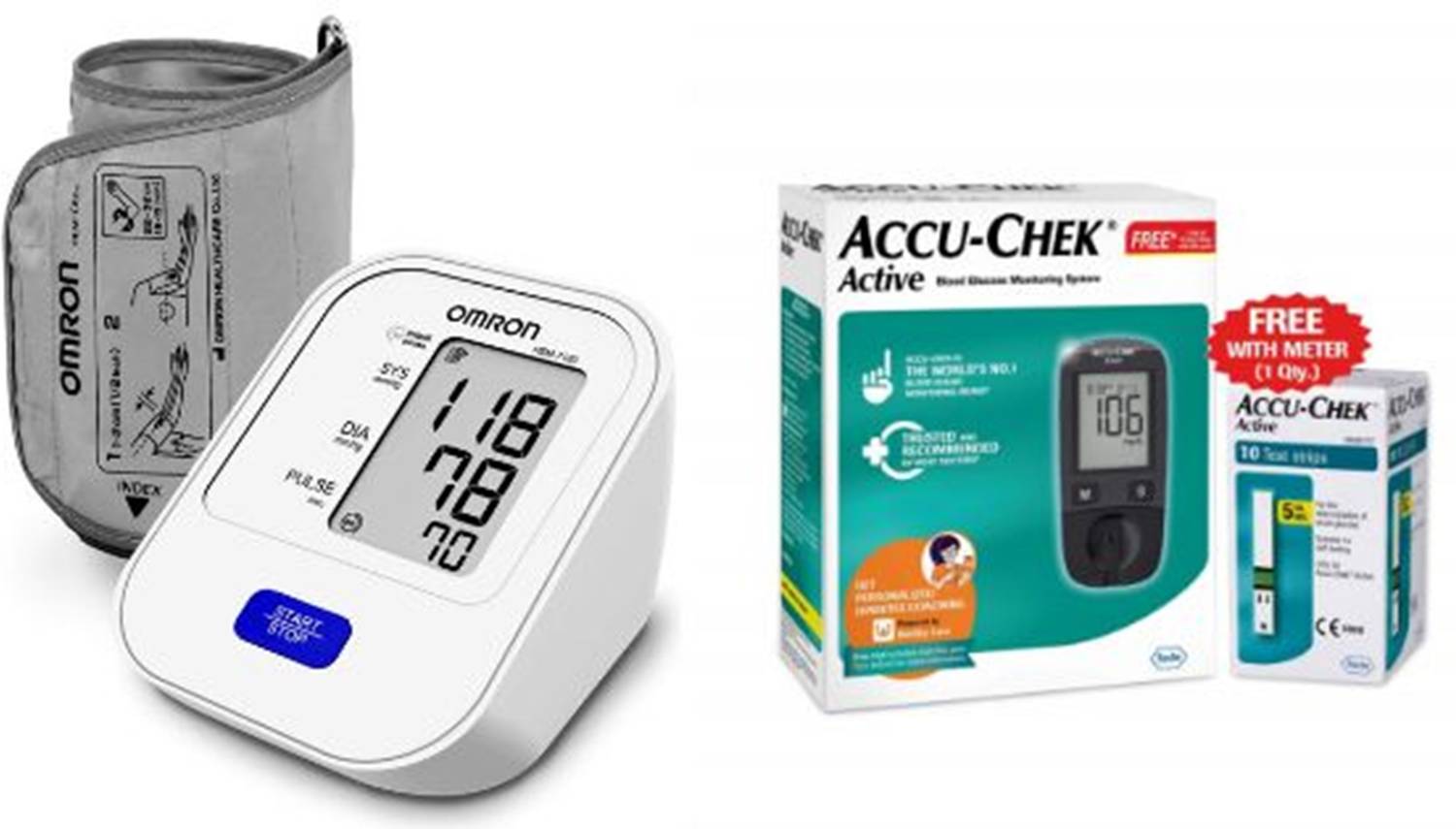 OMRON HEM-7120 Digital Blood Pressure Monitor with Intellisense Technology and ACCU-CHEK Active Glucose Monitor with 10 Strips Glucometer & Omron Bp Monitor