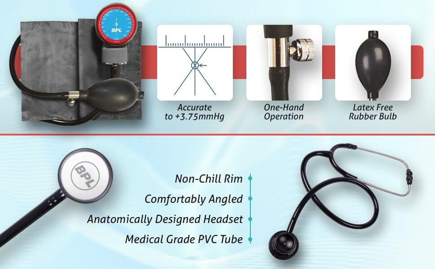 Image of BPL Medical Technologies 91MED780+91MED0136 Aneroid Sphygmomanometer and ST-03 Brass Dual Adult Chest Piece Stethoscope Bp Monitor