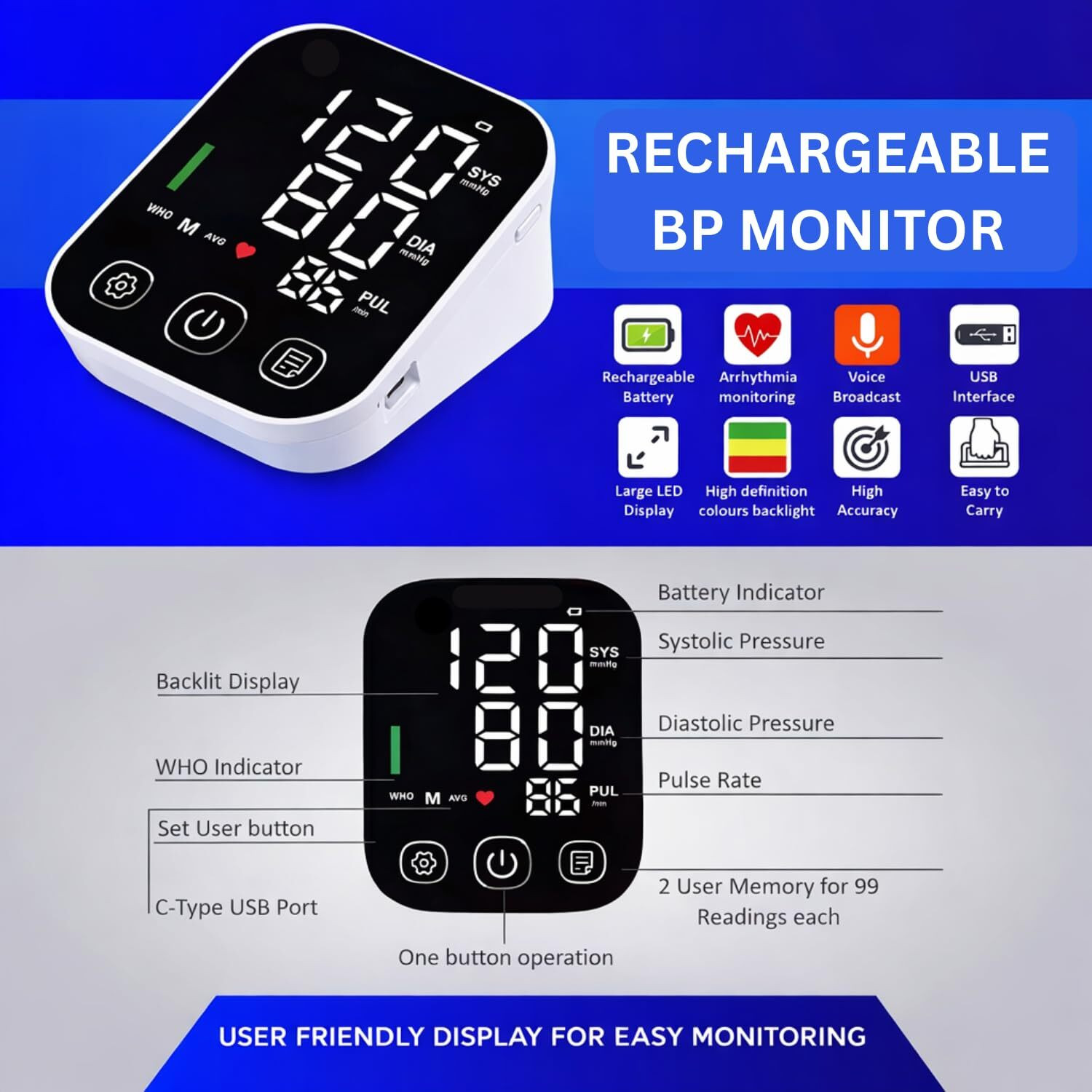 Image of DIVINE SURGICAL DVBP01 Rechargeable Blood Pressure Monitor with 3 coloured Display & Voice Function Bp Monitor