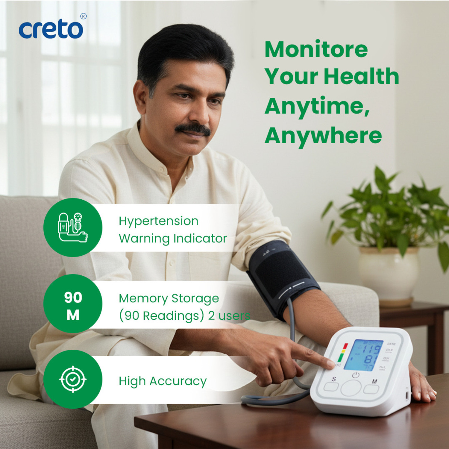 Image of CRETO Blood Pressure Monitor, Upper Arm Cuff, LCD Display WHO Indicator Bp Monitor