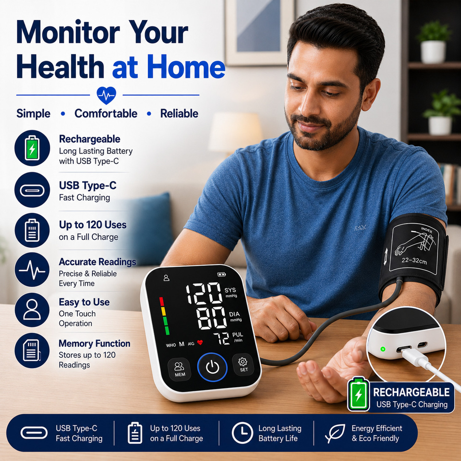 Image of PLEXAL Rechargeable Digital Blood Pressure Monitor with Large Display and USB Charging Bp Monitor