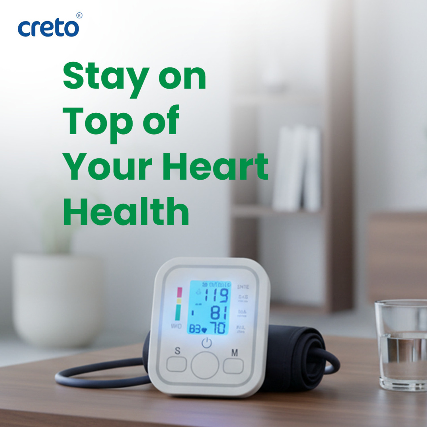 Image of CRETO Blood Pressure Monitor, Upper Arm Cuff, LCD Display WHO Indicator Bp Monitor