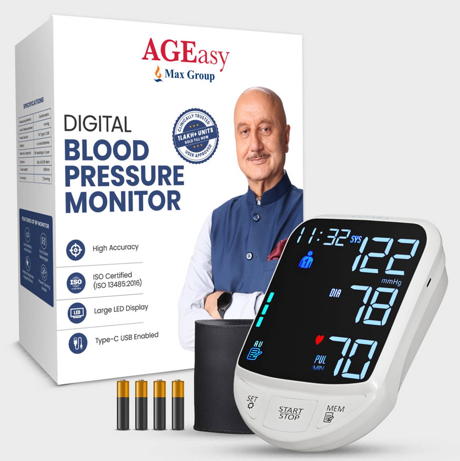 AGEasy (Max Group) Automatic Digital Blood Pressure Machine USB Type C Battery powered Bp Monitor