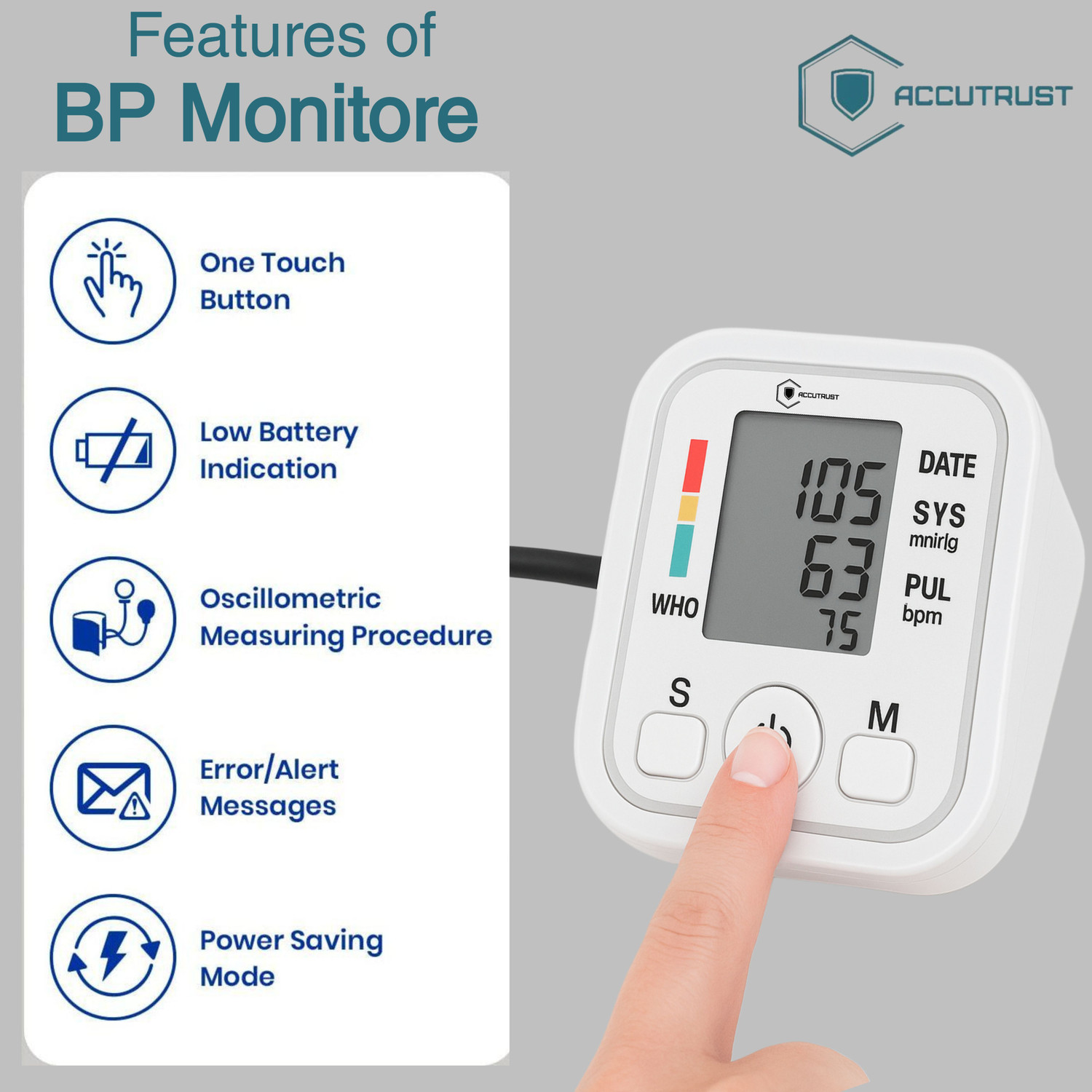Image of Accutrust Bp-190 Trust Digital Blood Pressure Monitor with Large LCD, WHO Indicator & Memory Bp Monitor