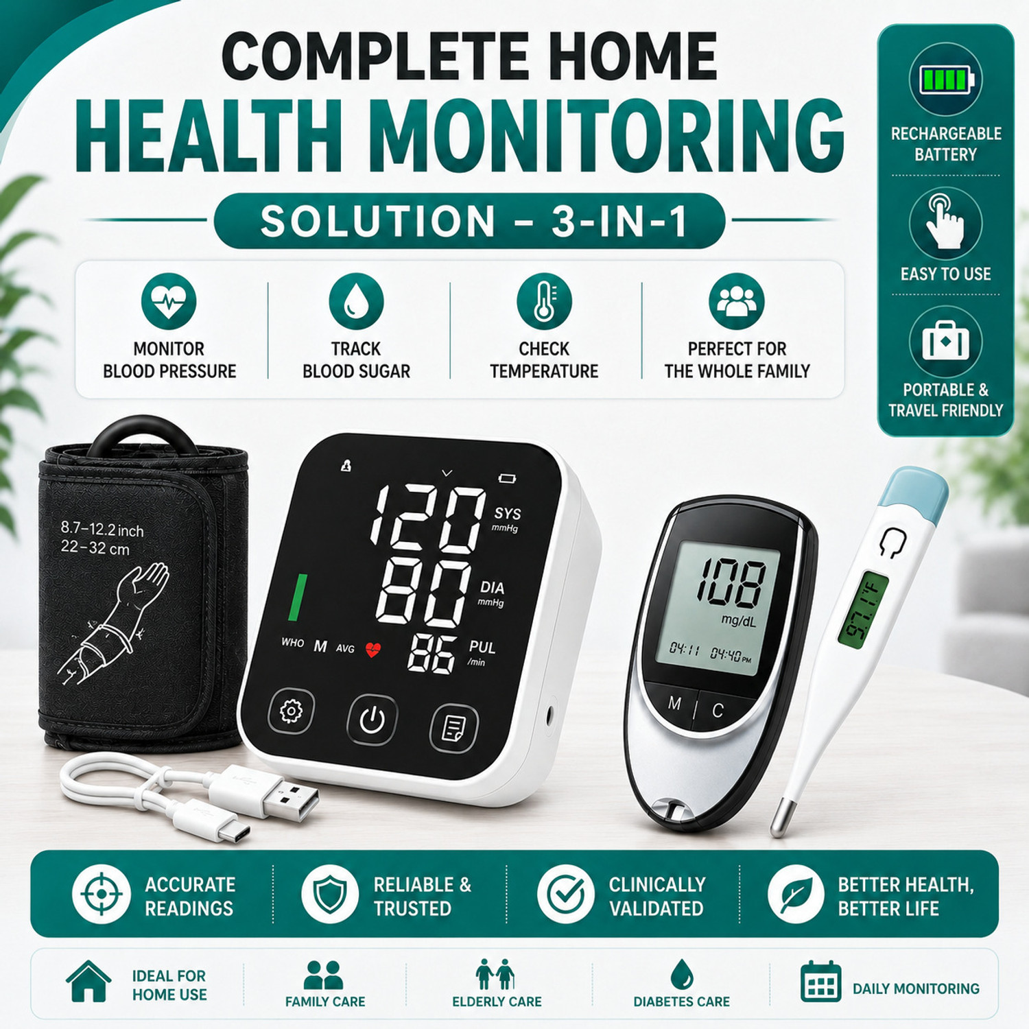 Image of PLEXAL 3-in-1 Health Monitor Kit for Blood Pressure, Blood Sugar & Temperature Checker Bp Monitor