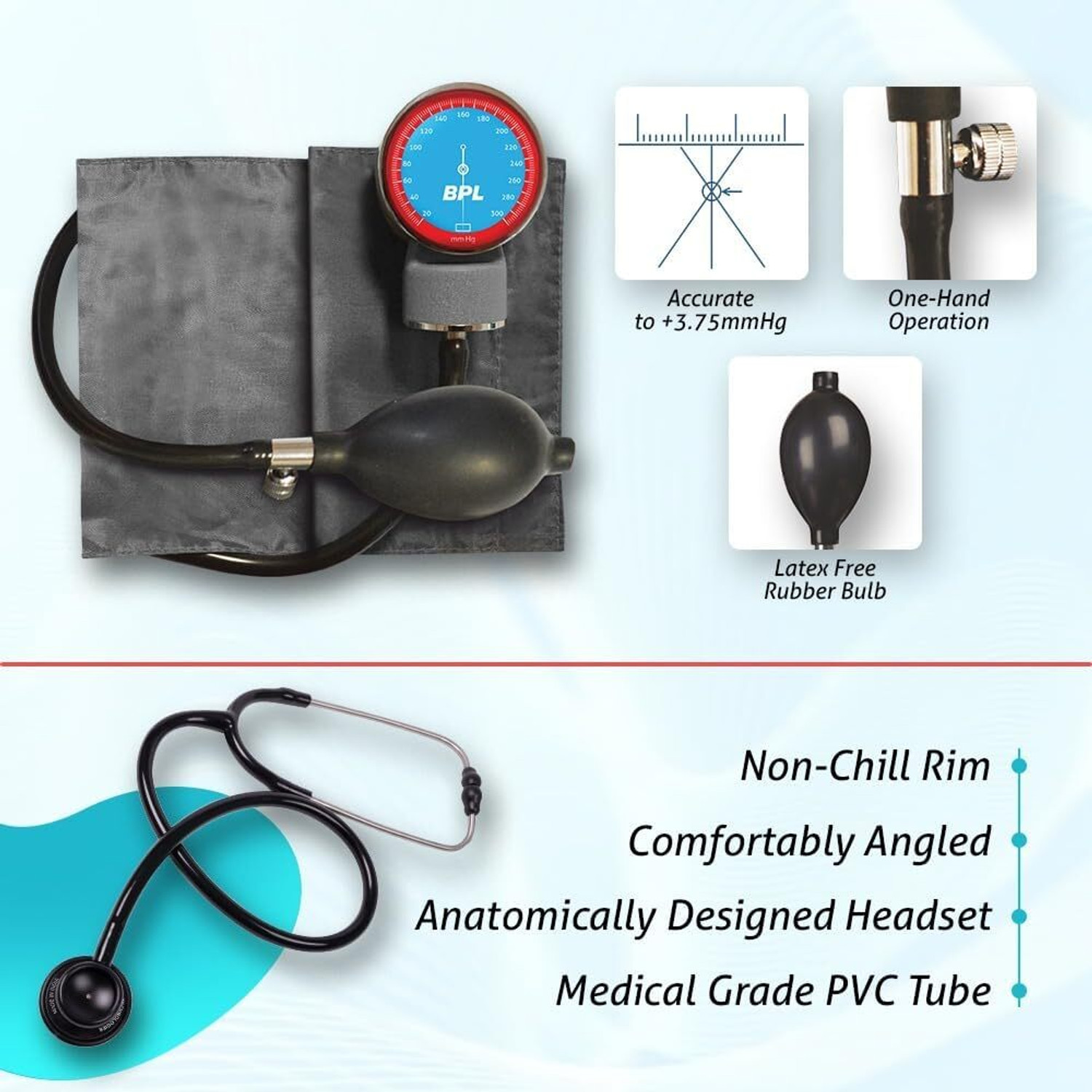 Image of BPL Medical Technologies 91MED780+91MED0136 Aneroid Sphygmomanometer and ST-03 Brass Dual Adult Chest Piece Stethoscope Bp Monitor