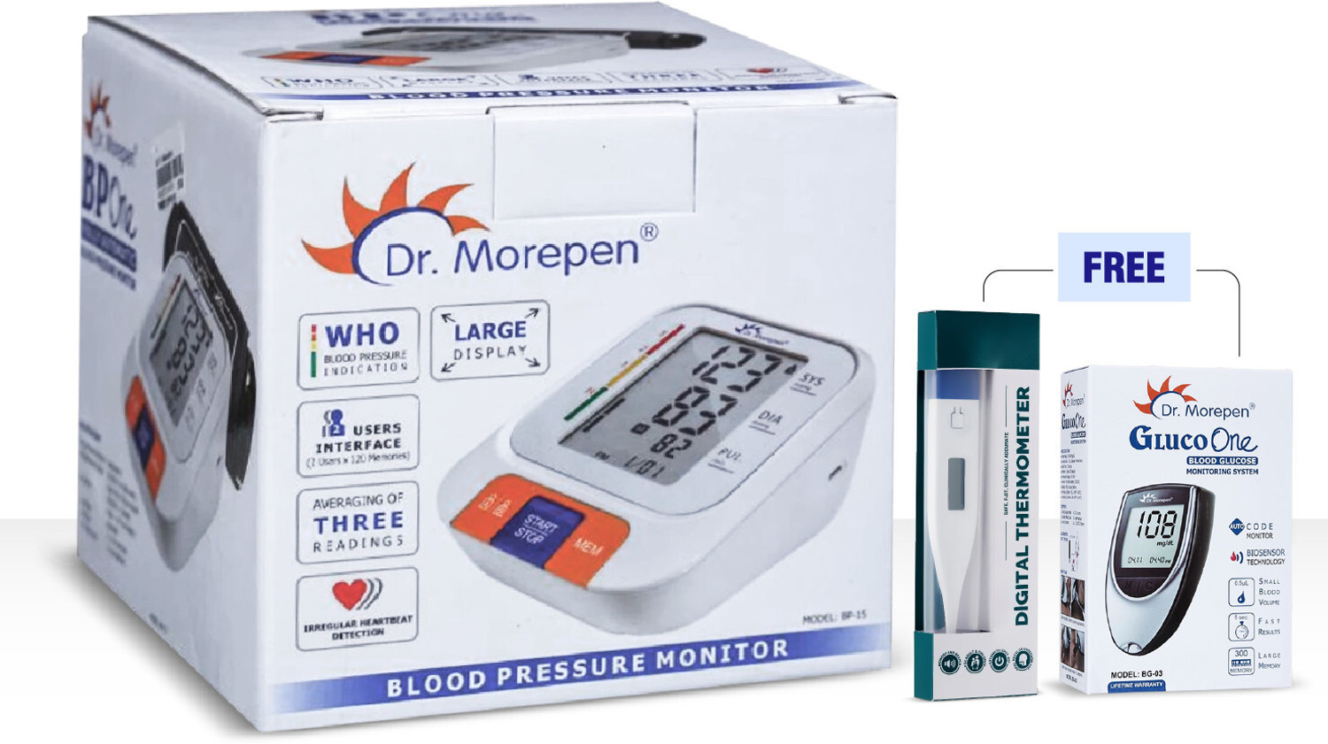 Image of Dr. Morepen Automatic BP-15 Blood Pressure Monitor and BG-03 Blood Glucose Monitor & Thermometer Bp Monitor