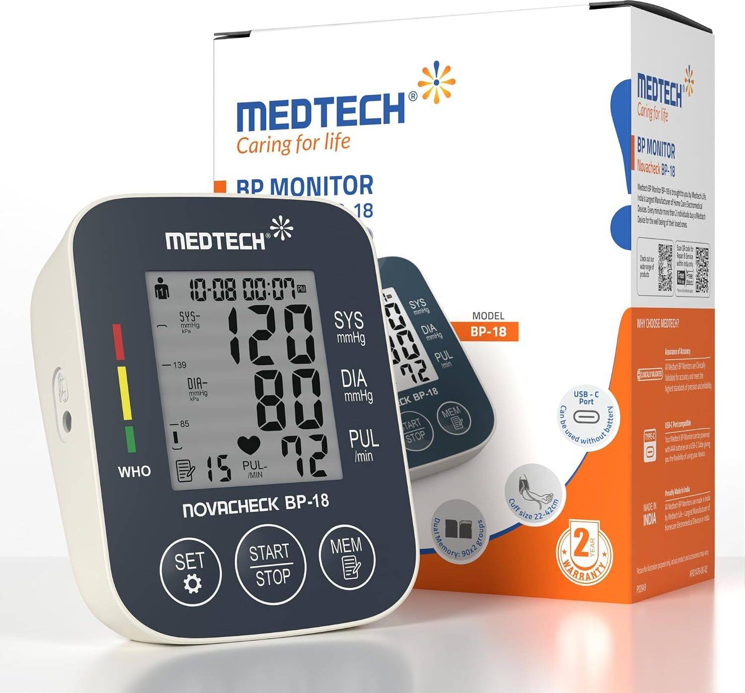 Medtech BP18 Portable Automatic Digital Blood Pressure Monitor Machine works with Type-C BP18 Bp Monitor - Image 1