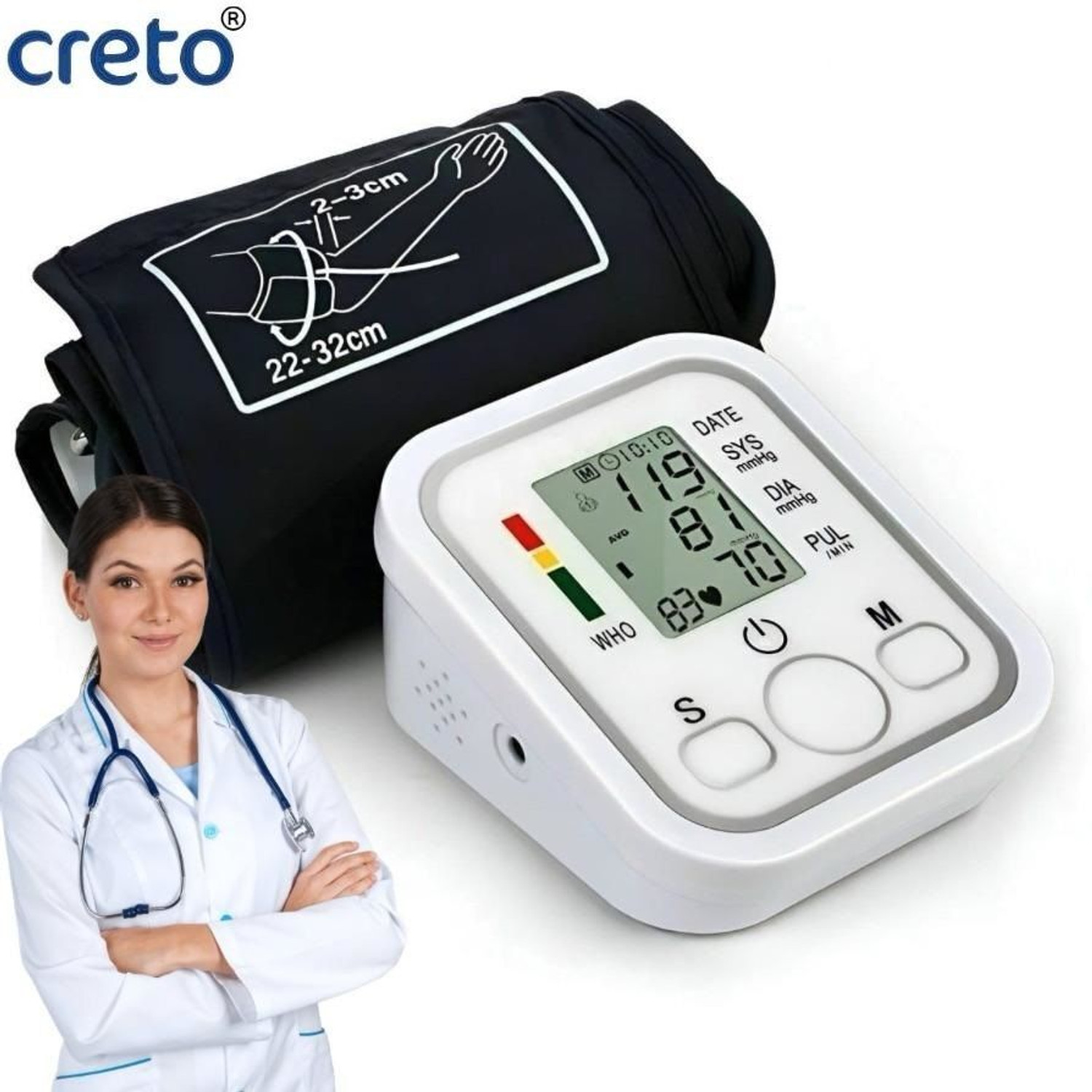 Image of CRETO Blood Pressure Monitor, Upper Arm Cuff, LCD Display WHO Indicator Bp Monitor