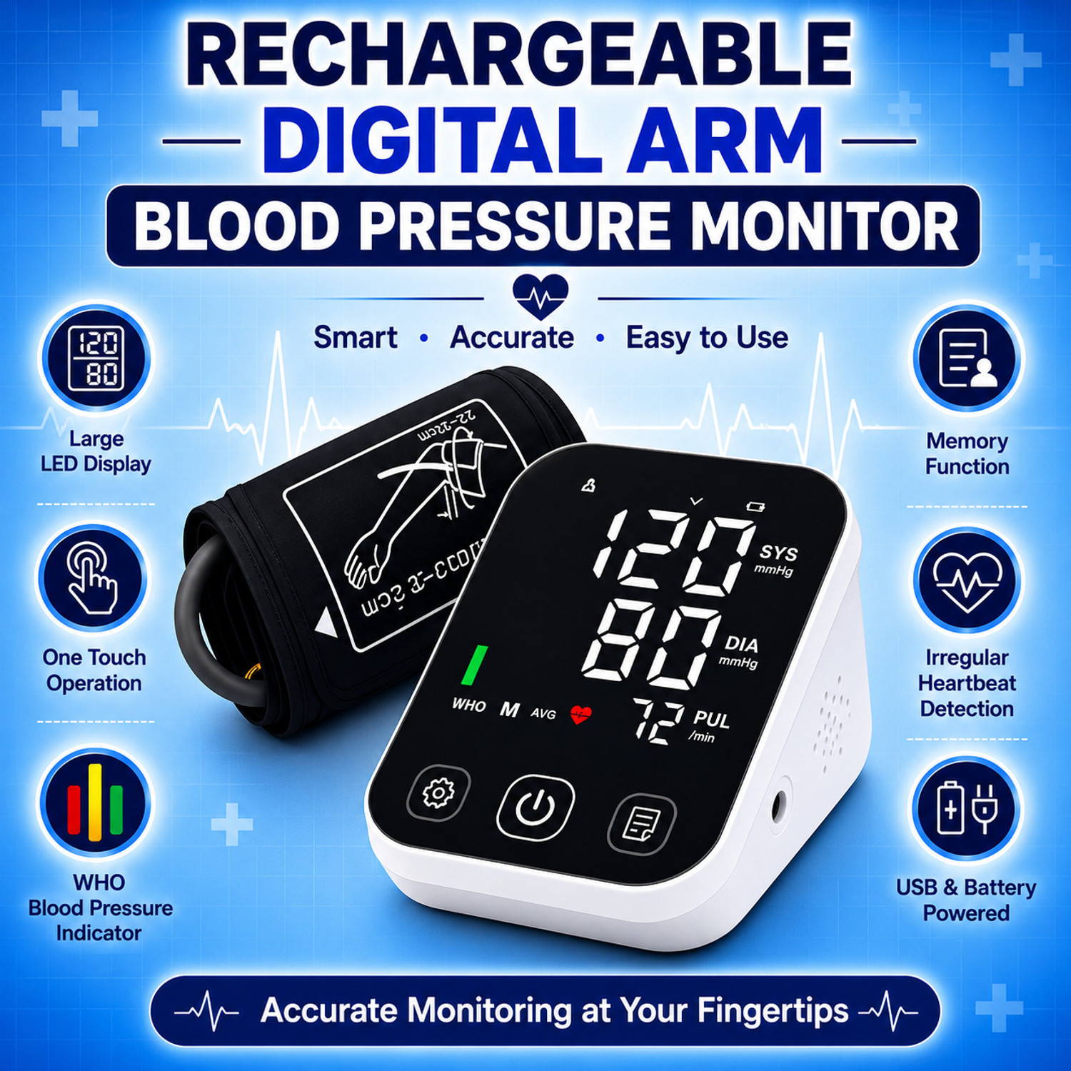 Image of PLEXAL Rechargeable Digital Blood Pressure Monitor with Large Display and USB Charging Bp Monitor